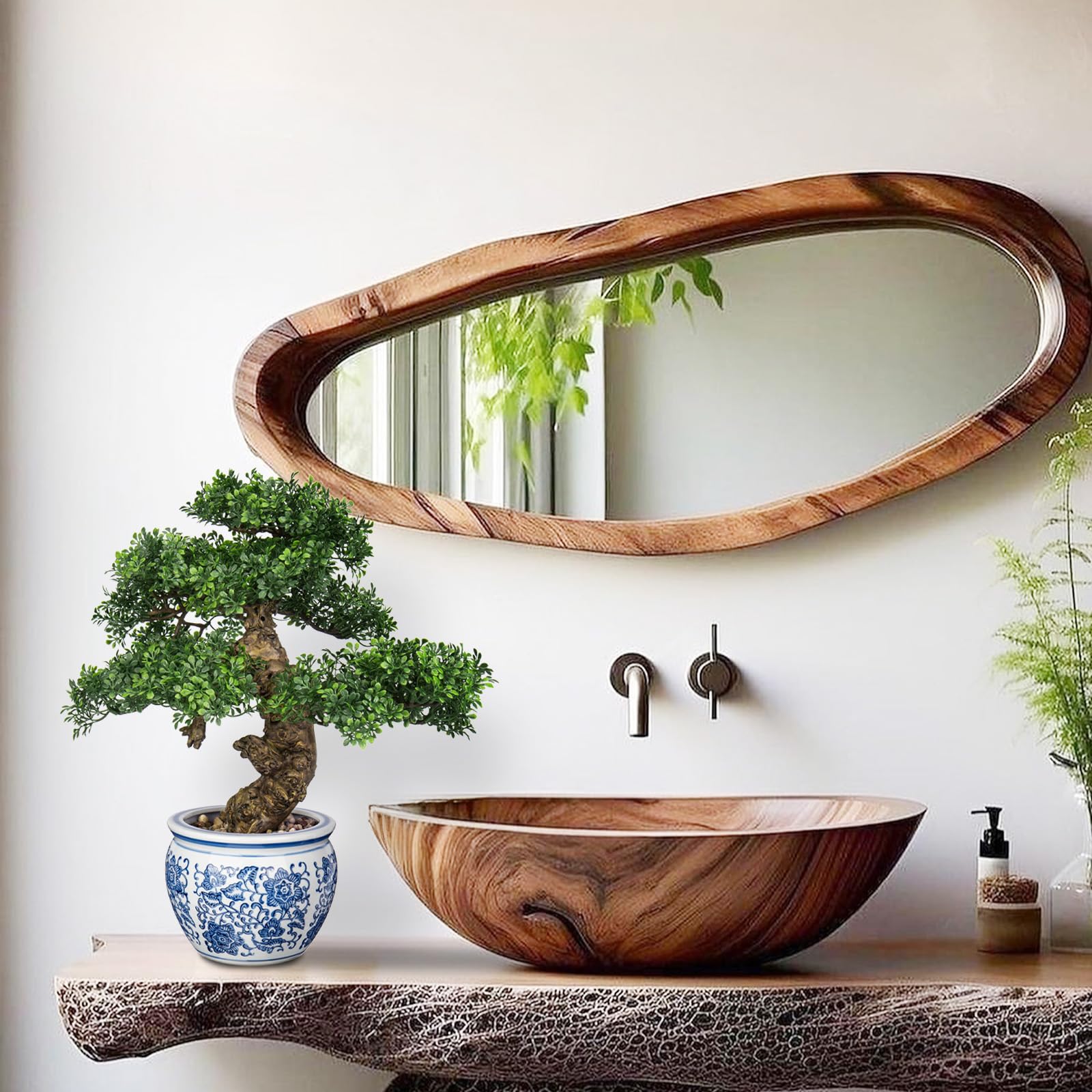 Briful Grande bonsai finto, pianta artificiale da 43 cm, in vaso di ceramica blu e bianco, decorativo per casa e ufficio
