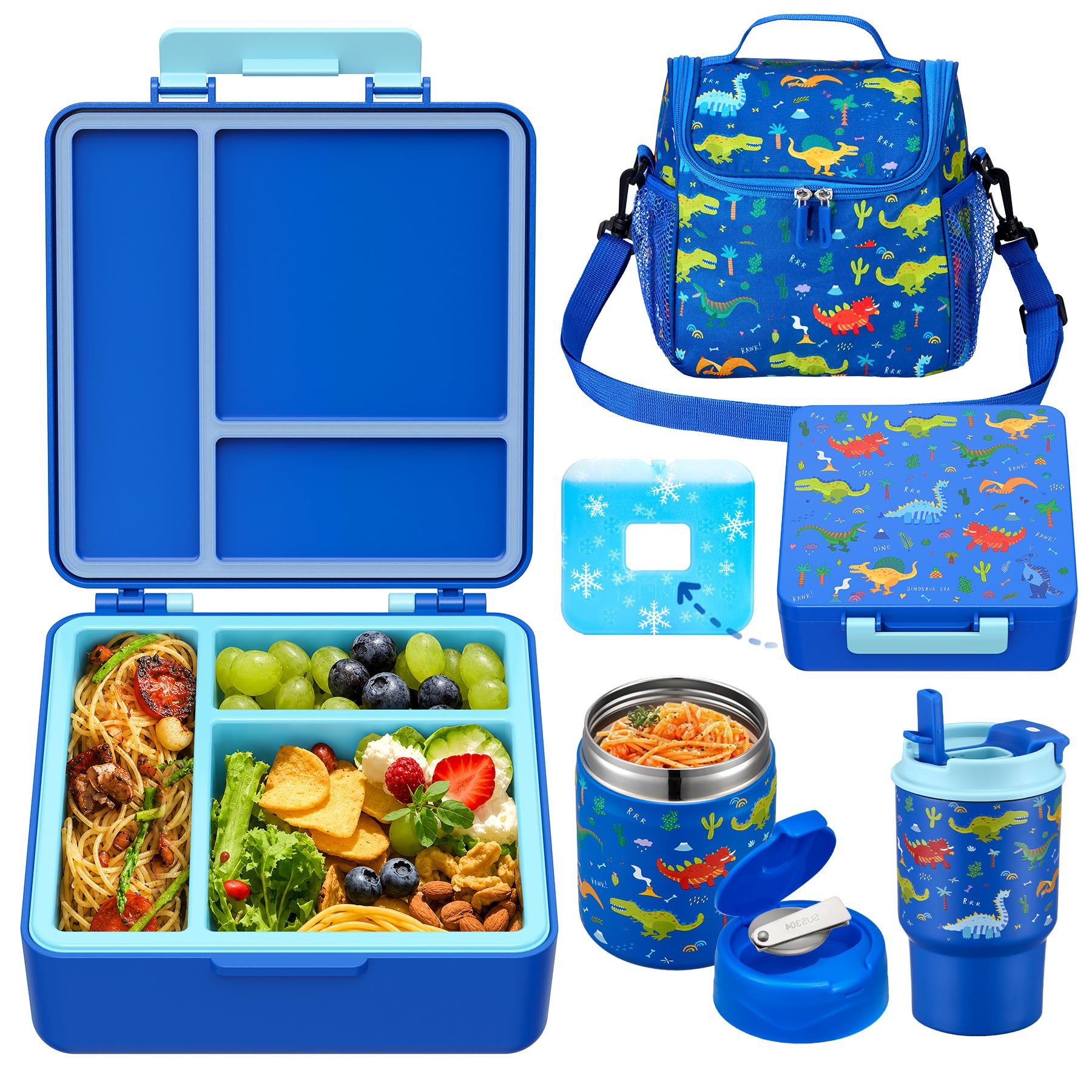 Bento Lunch Box for Kids with 17oz Soup Thermo,Insulated Tumbler Water Bottle and Insulated Lunch Bag,Leak-Proof 3 Compartment Lunch Food Container with Ice Pack for Kids to School-Dinosaur