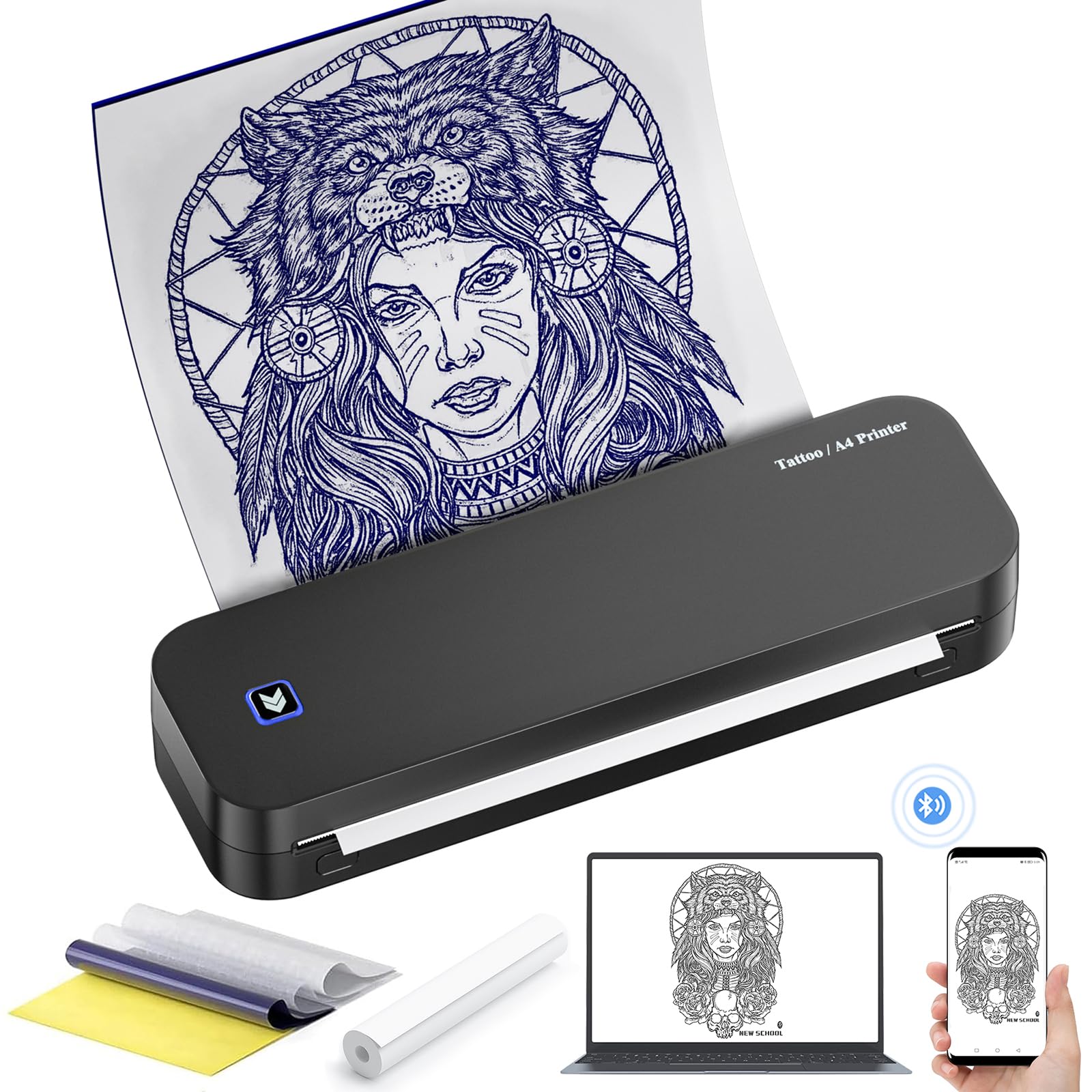 LIUMATE Termocopiadora Tattoo Bluetooth Impresora Tatuajes 2600mAh con 20 Papel de Transferencia, A4 Impresora térmica Inalámbrica Copiadora de Tatuaje,Compatible con Smartphone PC y Tablet