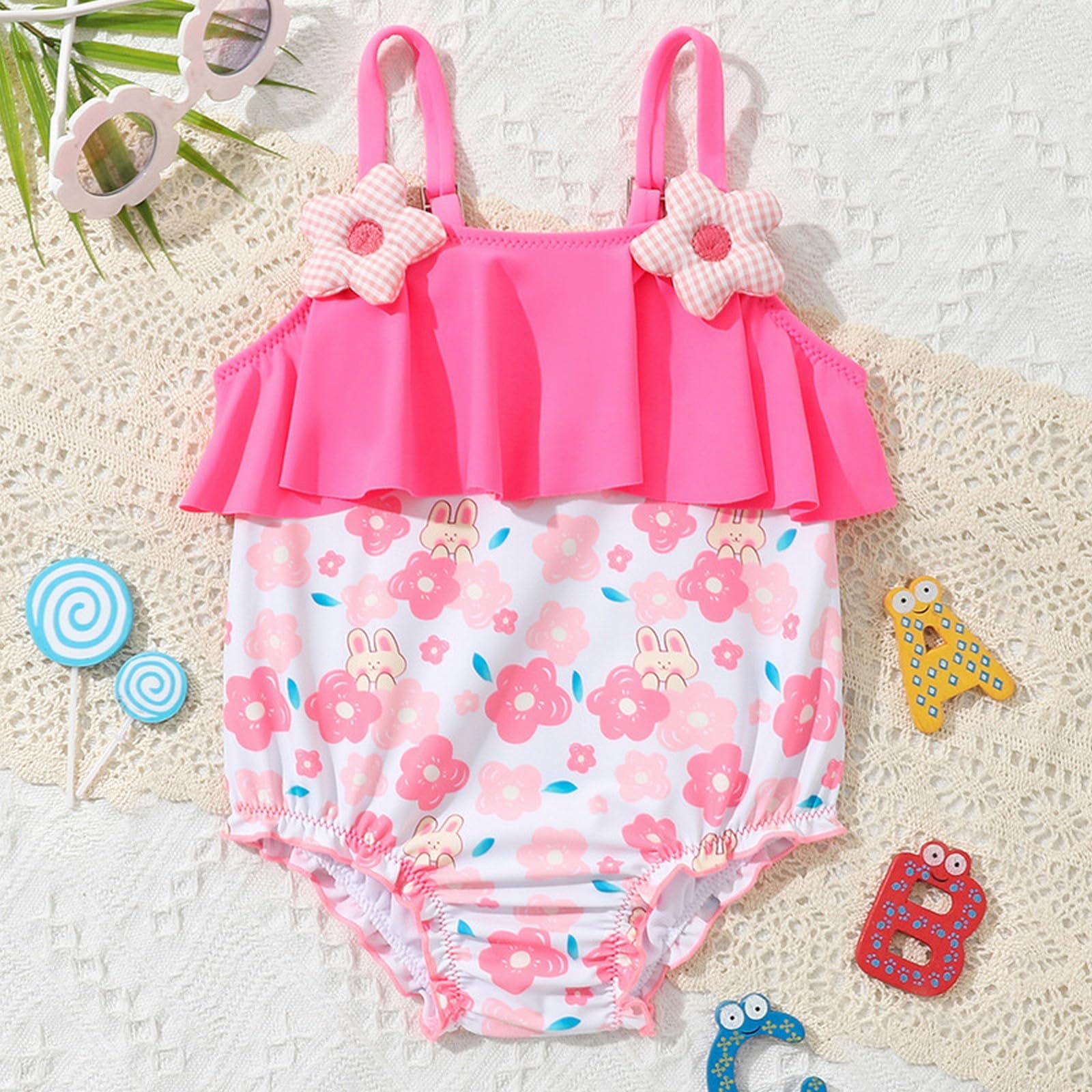 Toddler Girl Swimsuit Floral Backless Bownot Ruffles Bathing Suit Swimwear Beach Large Swimsuits (Pink, 0-6 Months)