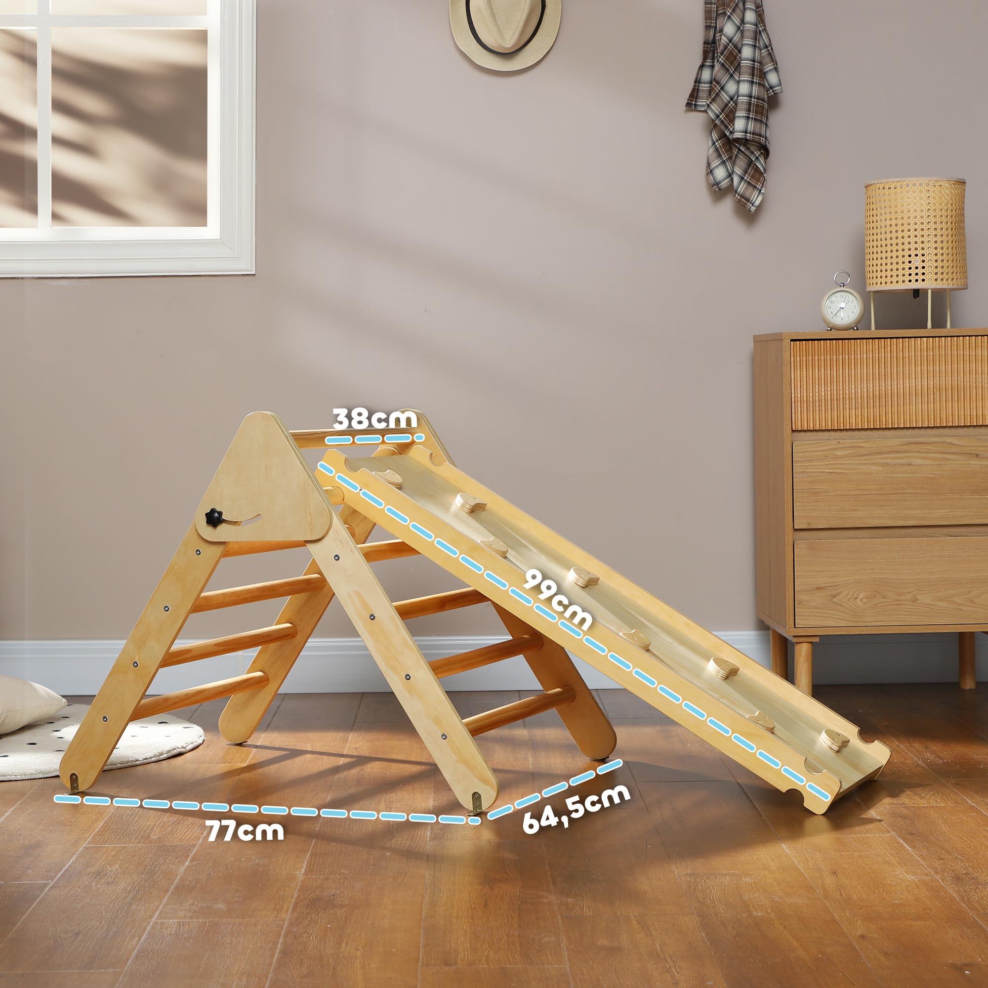 AIYAPLAY 3 en 1 Triángulo de Escalada Montessori, Escalada para Niños de Madera Plegable, para18-48 Meses, con Rampa, para Deslizarse o Escalar, 147x64,5 cm, Natural