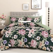 Luxudecor Queen Floral Comforter Set-7 Pieces Bed in a Bag,Pink Flowers Print on Dark Green Bedding Set,Soft Microfiber Comforter with Sheets for All Seasons Dark Green-Pink,90"x90"