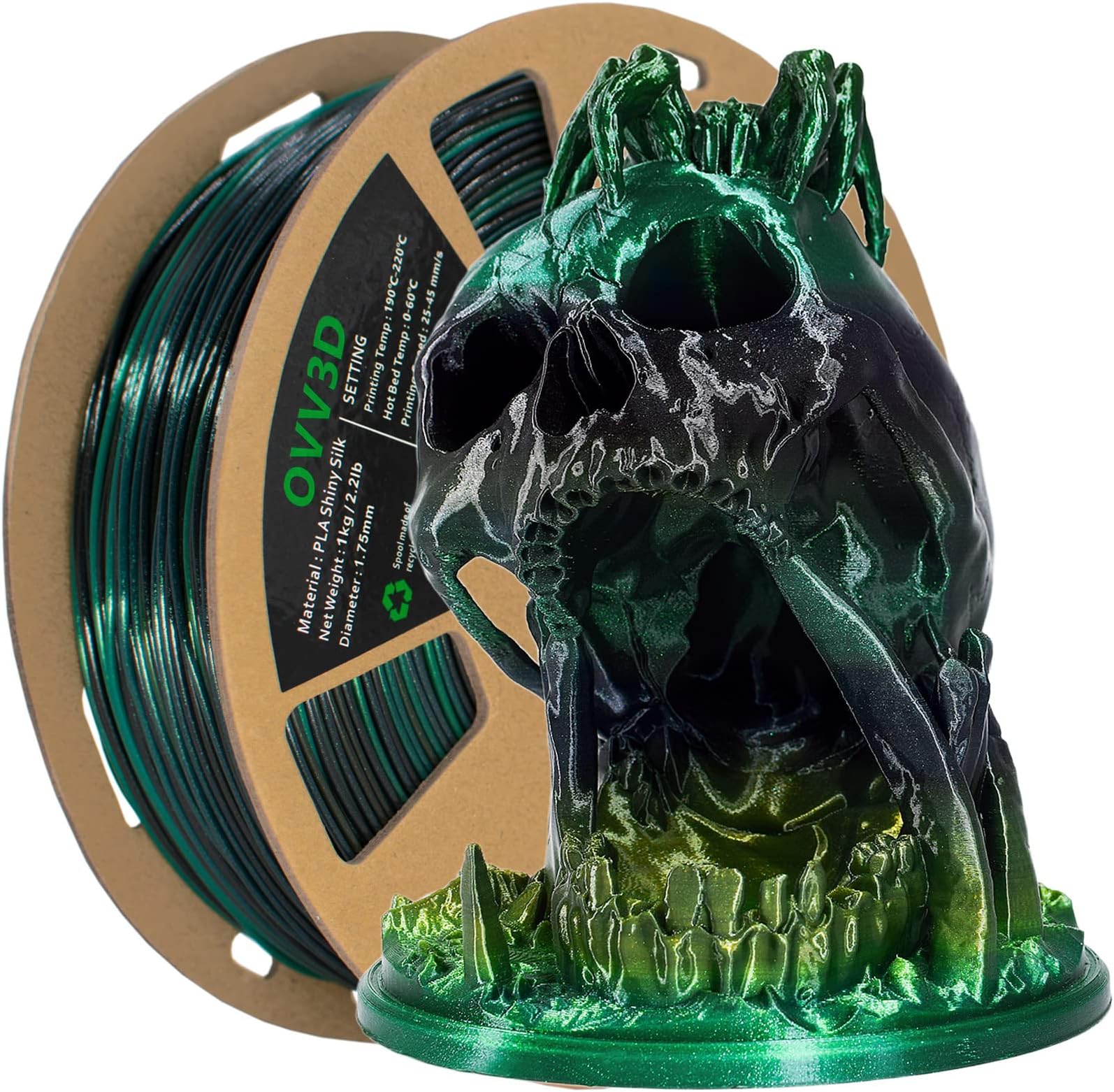 (2 Items) PLA Filament 1.75mm,Tri-Colors 3D Printer Filament Bundle with Silk Shiny Green PLA Filament, Silk PLA Filament 1kg+4 * 200g