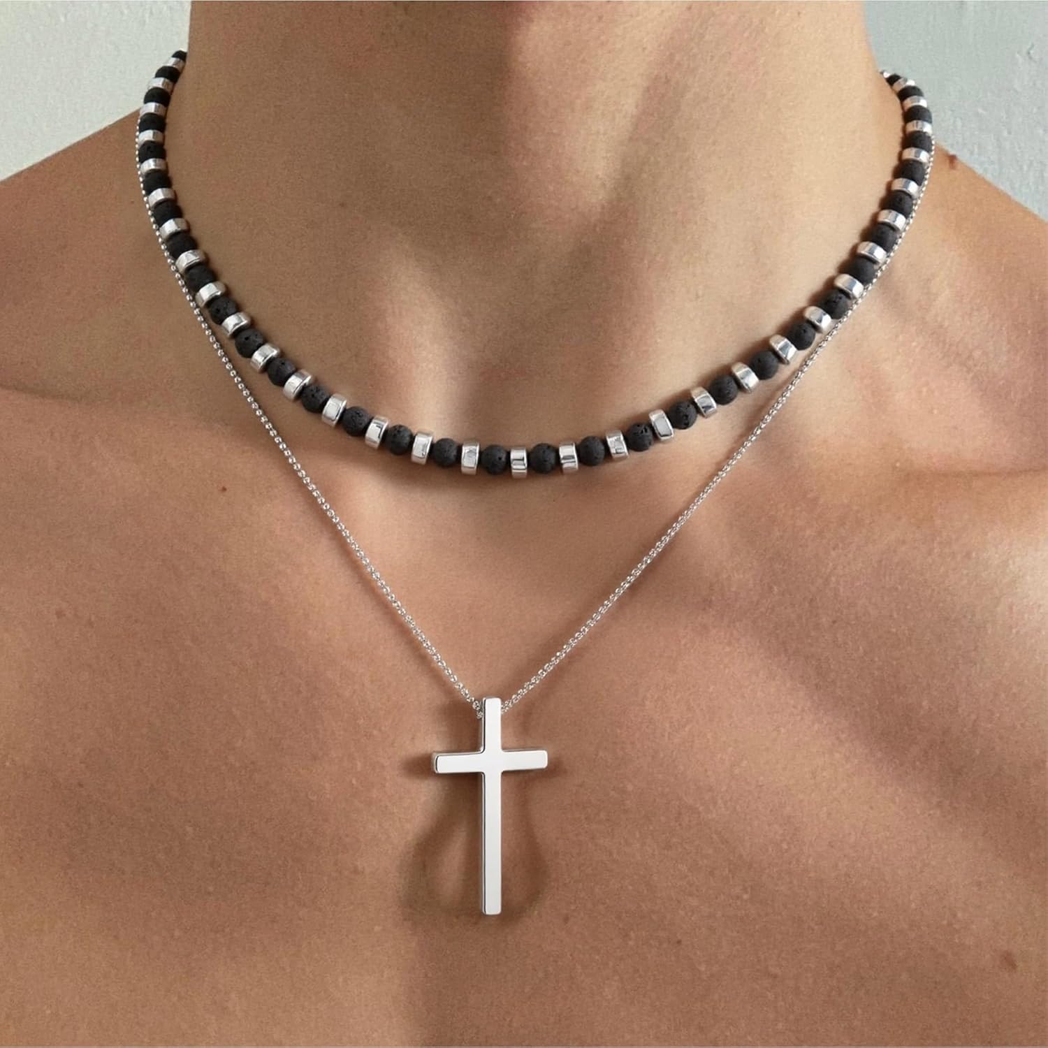 2PS Cross Necklace for Men - Black Obsidian Necklace - 6mm Healing Crystals Beaded Choker Necklace Stainless Steel Cross Pendant Jewelry Gifts for Men - Image 2