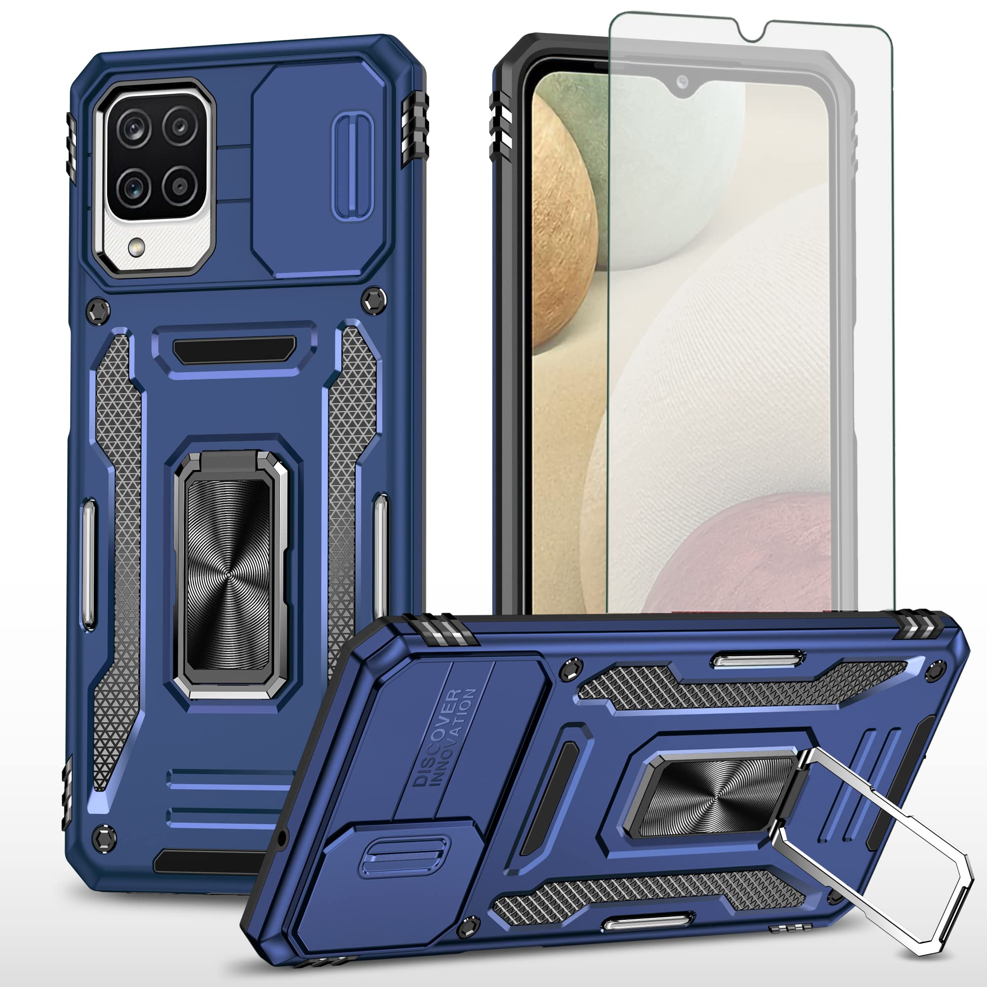 Asuwish Phone Case for Samsung Galaxy A22 4G 6.4 inch with Screen Protector and Slide Camera Cover Ring Holder Kickstand Cell Accessories Gaxaly M32