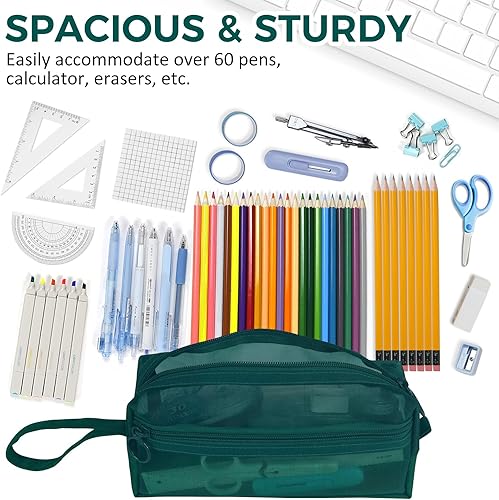 Miniatura 9 de Moyad Estuche de malla para lápices con cremallera de gran capacidad, organizador de papelería, bolsa para lápices, transparente, translúcida,