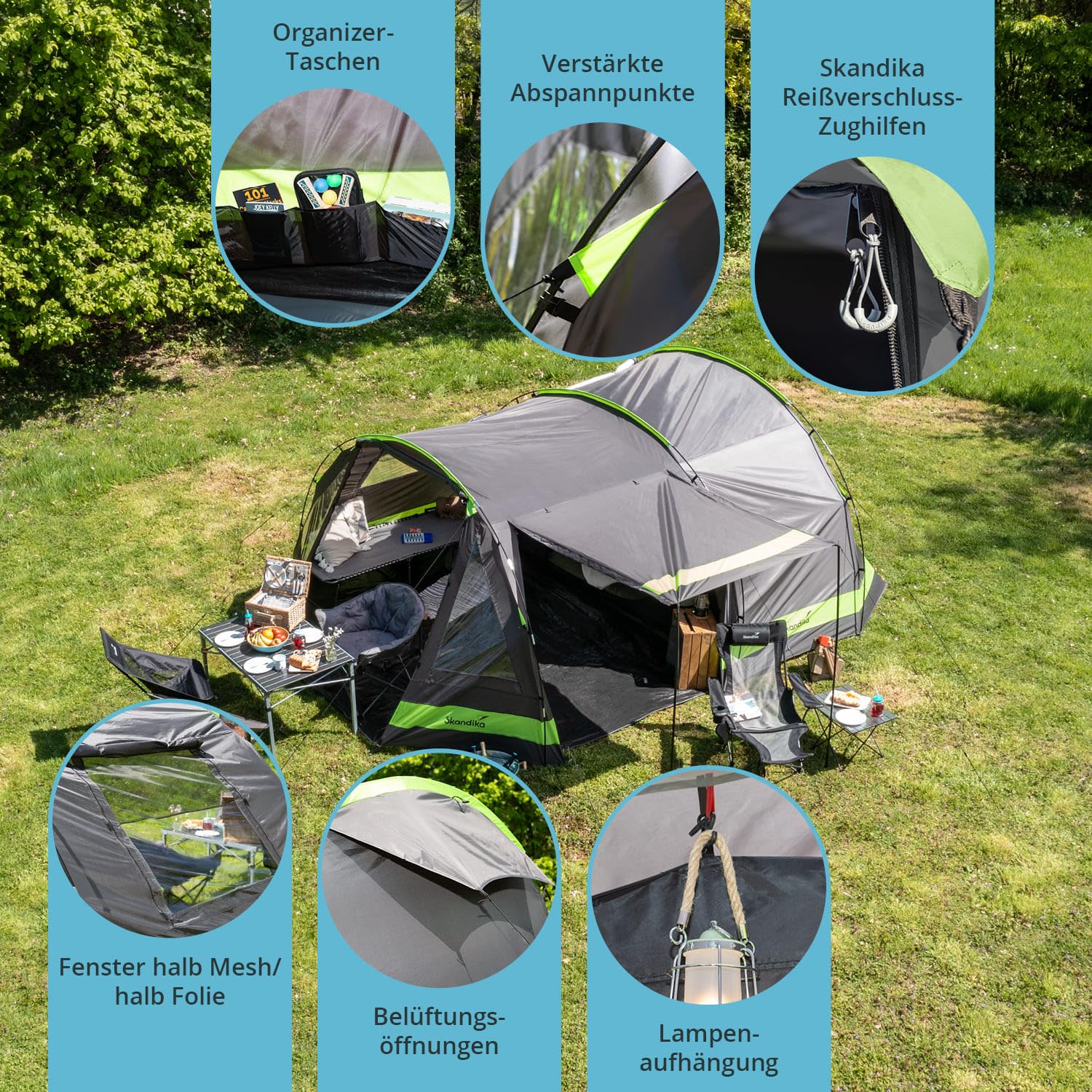 Skandika Kambo Tunnelzelt für 6 Personen | XL Familienzelt für Camping, 2 m Stehhöhe, Dunkle Schlafkabine, wasserdicht, 3000 mm Wassersäule, Sonnendach | großes Campingzelt, Festival Zelt für 6 Mann