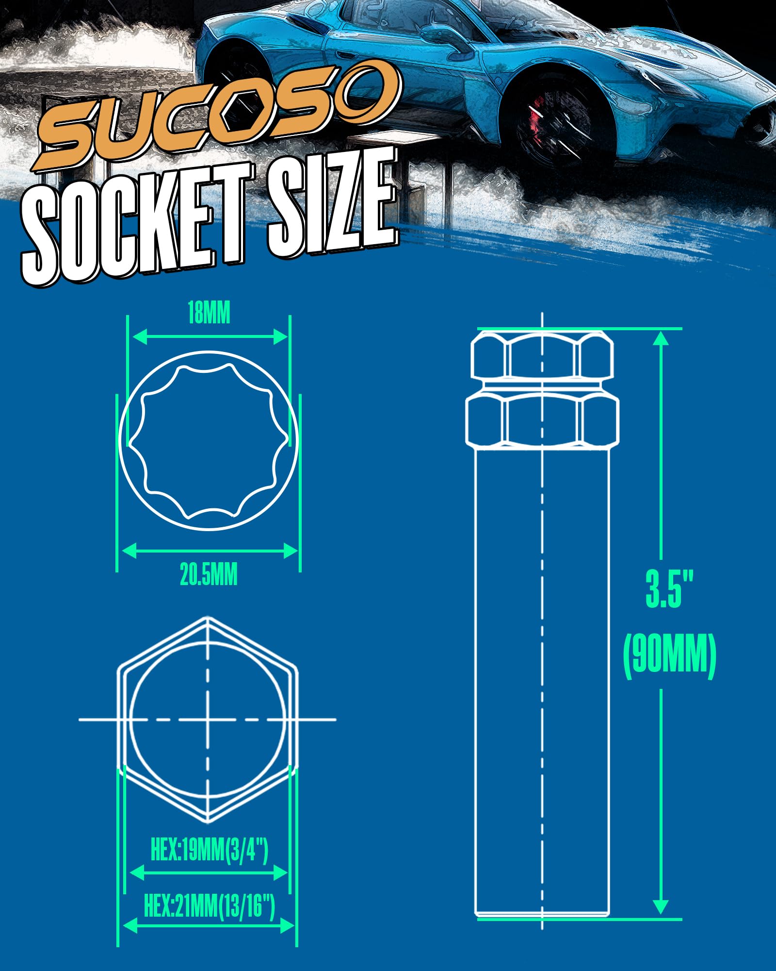 10 Spline Lug Nut Key Replacement for TA20-19/21 Fit Bimecc M12x1.5 M14x1.5 10 Spline Lug Nuts and Lug Bolts, 10 Point Lugnut Socket with 3/4
