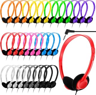 30 Pack Class Set Headphones for Kids School Earphones over Head Bulk Colored Classroom Headphones on Ear Earbuds Adjustable with 3.5 mm Jack for Libraries Students Teens Adults, Individually Wrapped