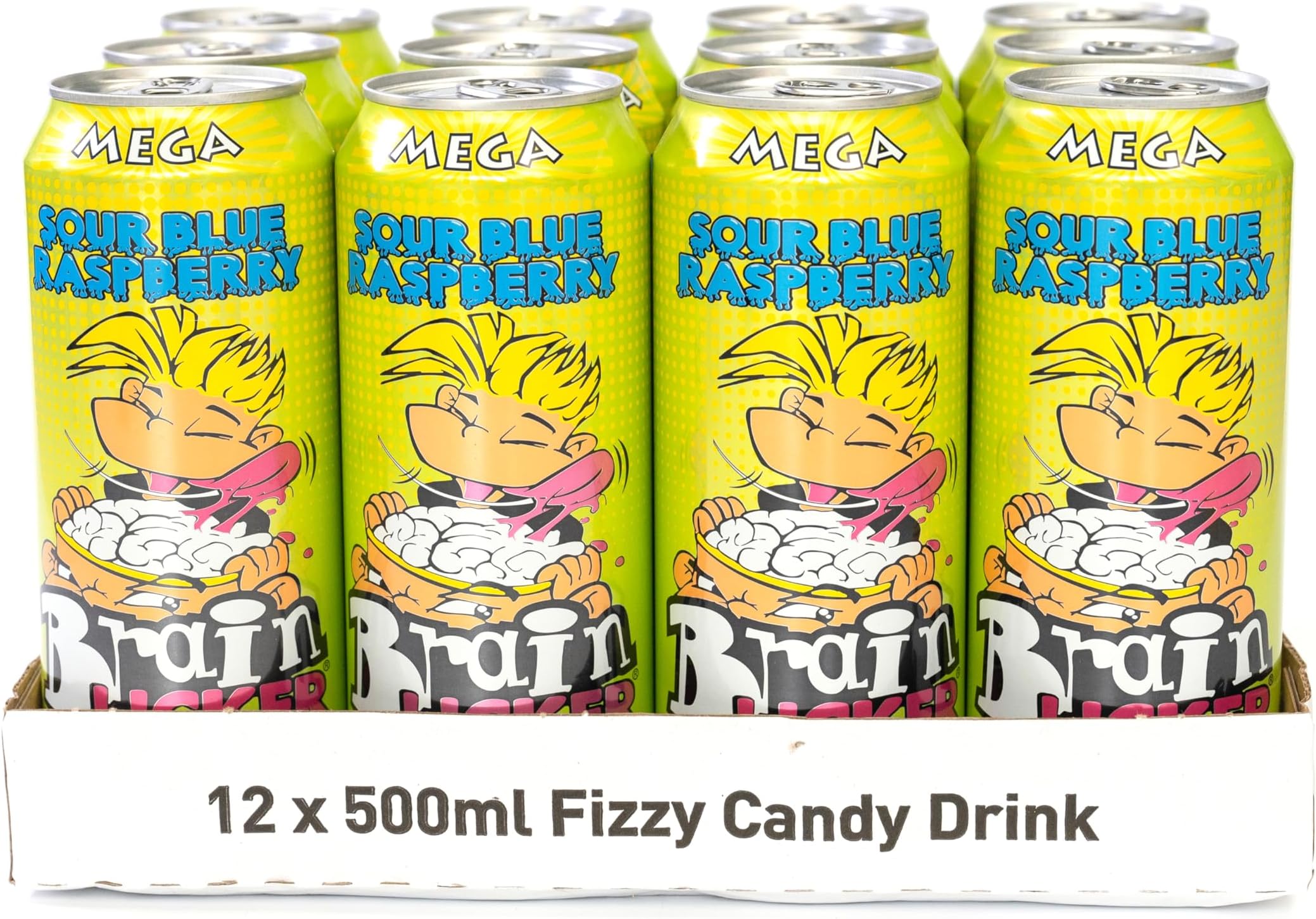 Mega Brain Licker Sour Blue Raspberry Candy Drink, American Style Soda 12 Pack x 500ml
