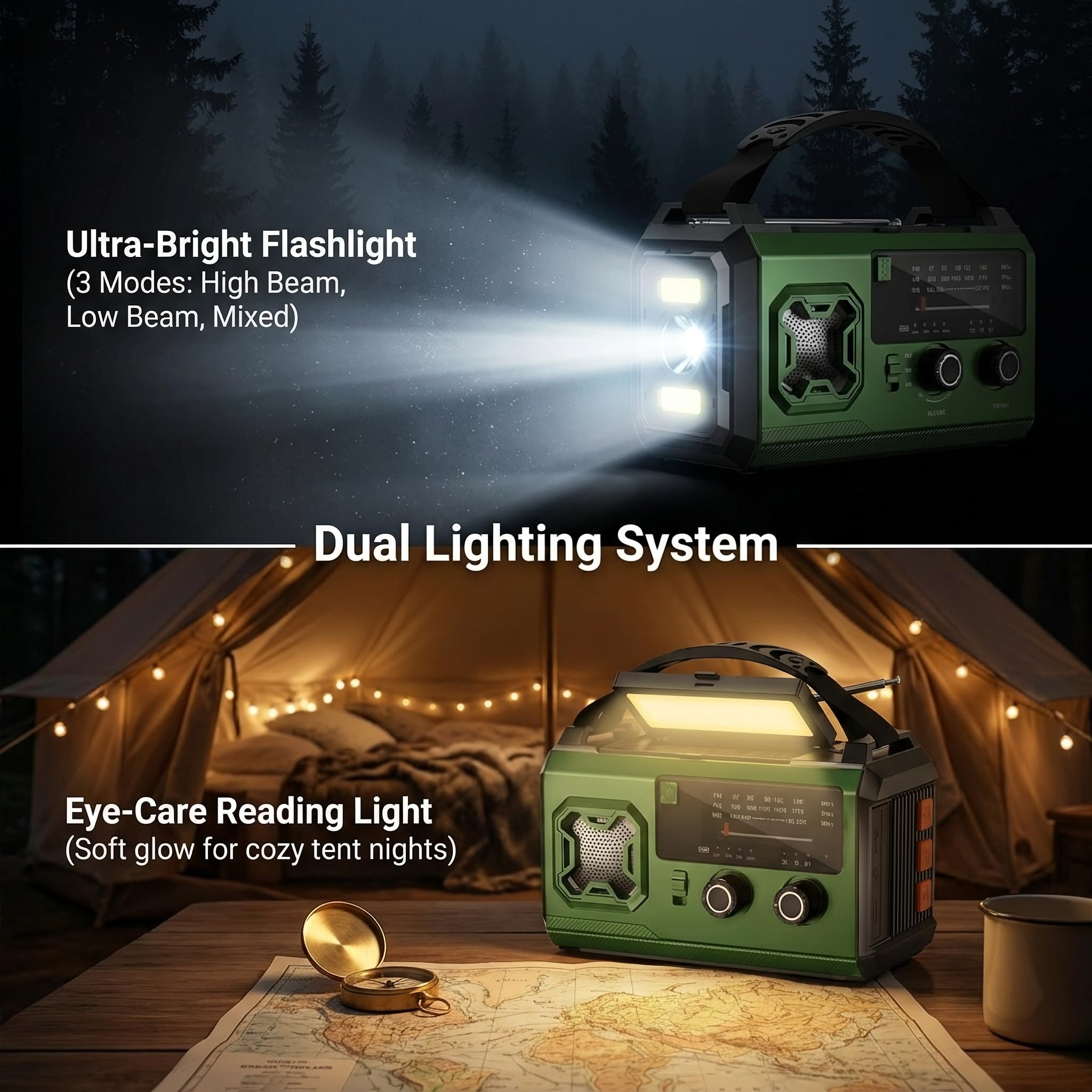 27000mAh Kurbelradio Notfallradio mit Solar & Powerbank: AM/FM Solarradio, Handkurbel, SOS, Taschenlampe, Leselampe, Kompass & Kopfhöreranschluss – Ausrüstung für Camping & Stromausfall (Olivgrün)
