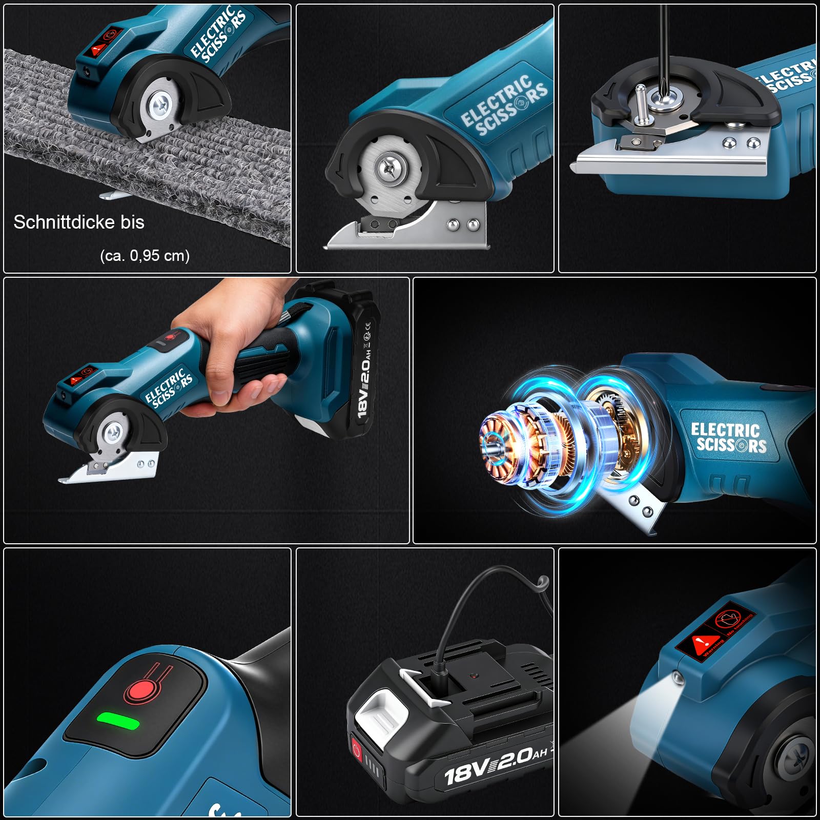 Kartonschneider Elektrische Schere mit 2000mAh Akku, Max. Schnittstärke 9 mm, 440 U/min Kabellose Rollschneider Teppichschneider mit LED-Licht & USB-C Kabel, Akkuschere Kompatibel mit Makita 18V Akku