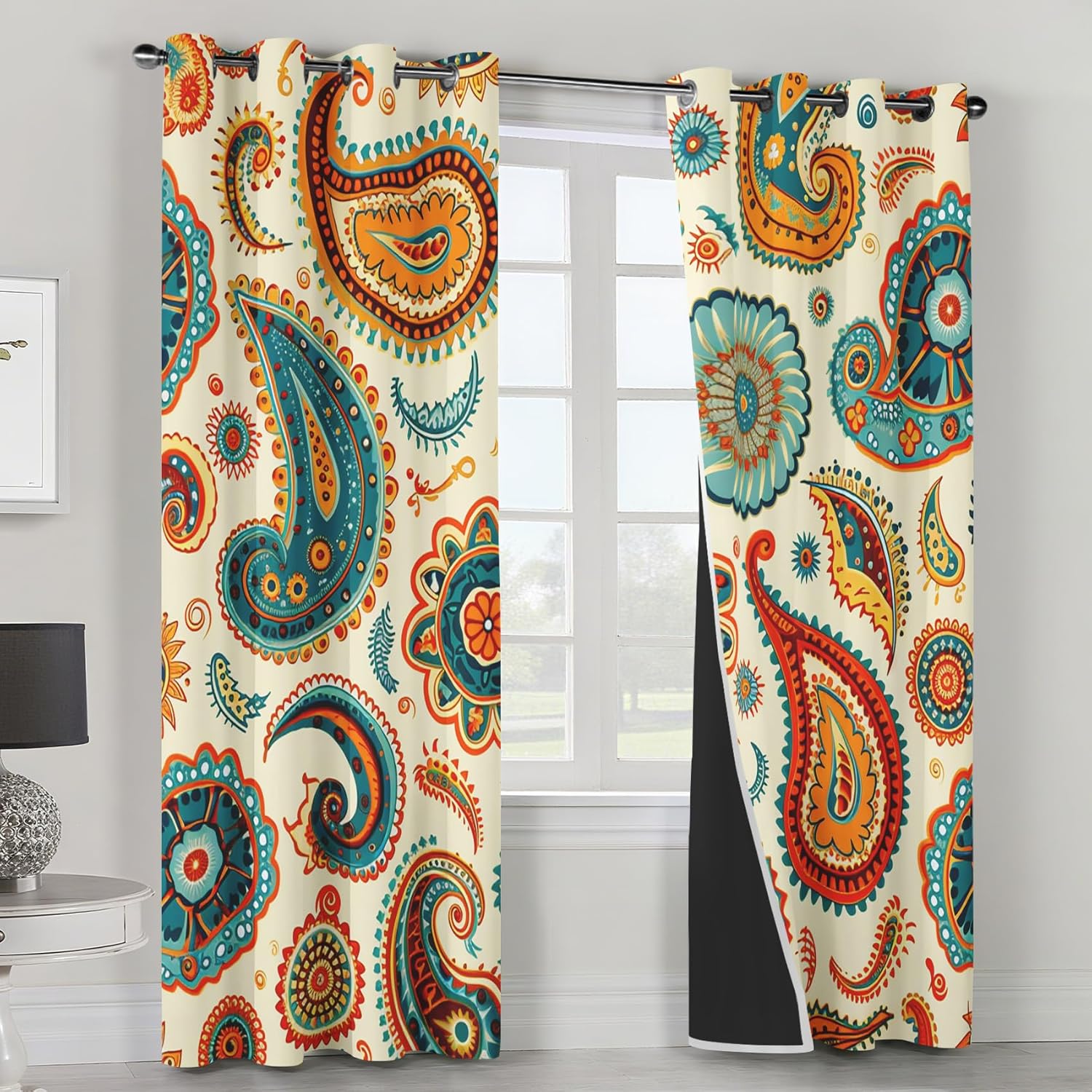 Vintage Bohemian Paisley Curtains for Bedroom, Damask Boho Blackout Curtains Living Room Decor, Colorful Paisley Thermal Insulated Grommet Drapes & Home Decor, 27.5 x 39 Inch 2 Panels K-X20