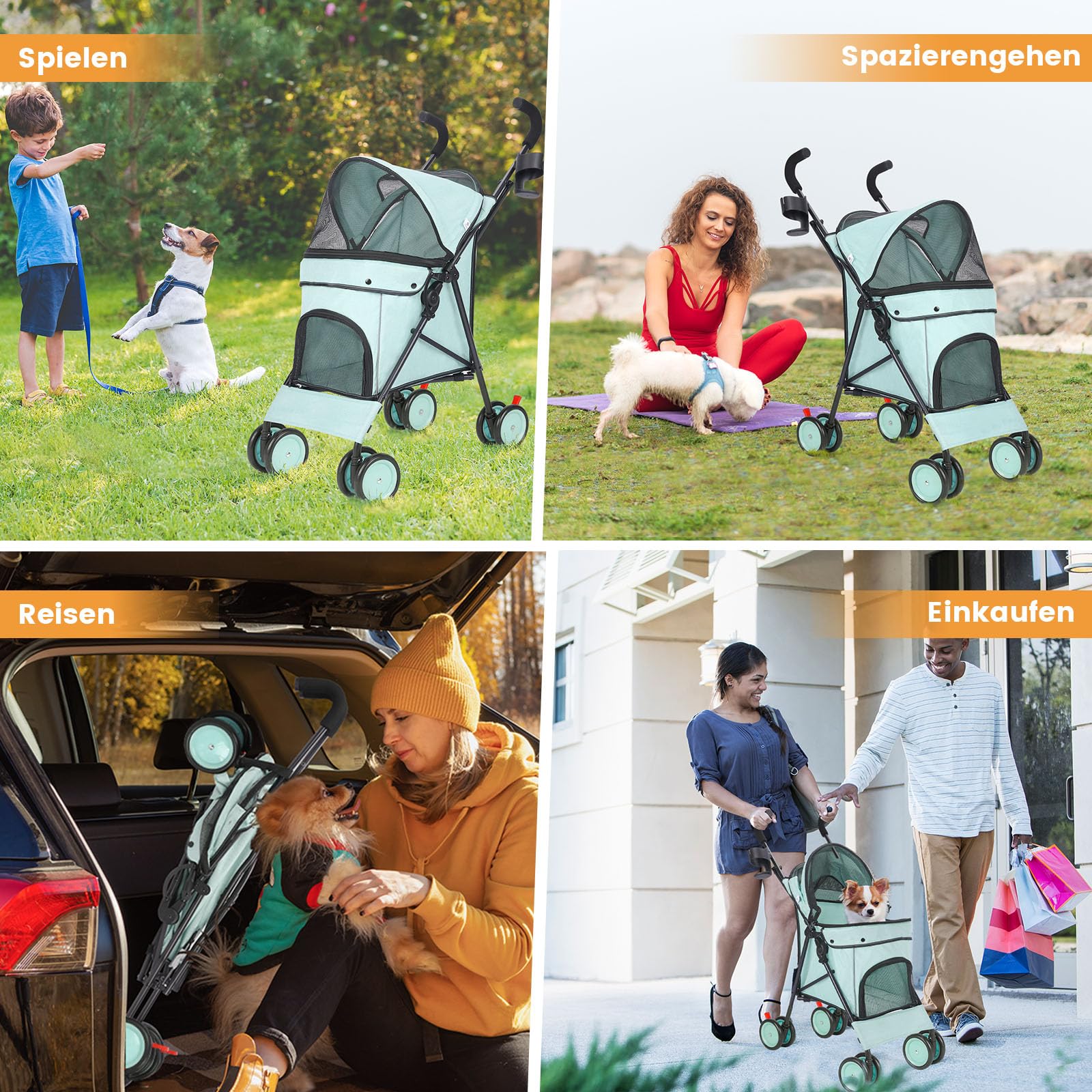 Parapluie Poussette pour petits chiens de 10 à 9 kg, poussette pliable légère 4,1 kg, avec double bandoulière à 4 roues, panier de rangement, porte-gobelet, vert foncé (bleu sarcelle)