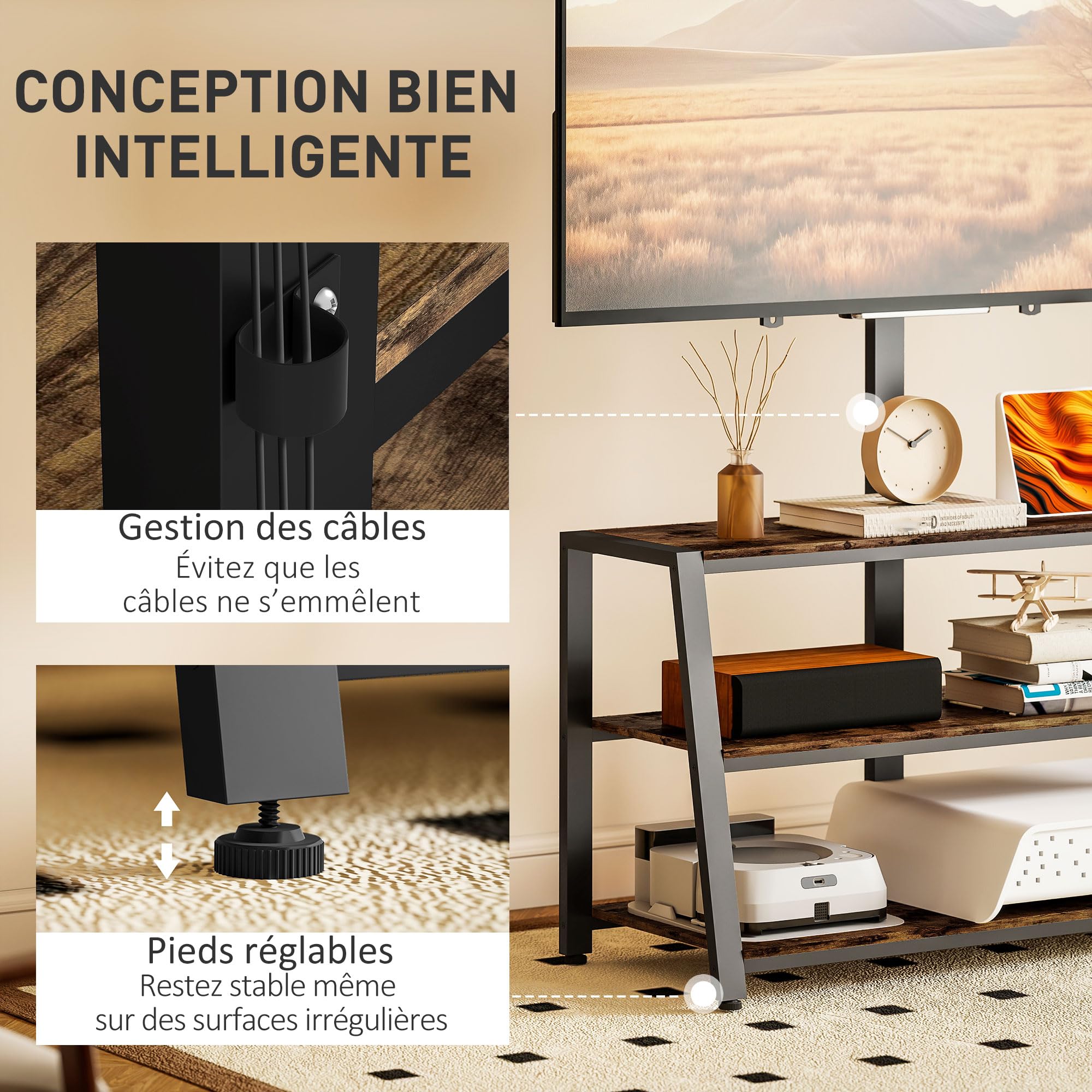 HOMCOM Meuble TV avec Support orientable 35°, Meuble télé pour téléviseurs de 32-70 Pouces, étagères Ouvertes, Banc TV Industriel pour Salon Chambre à Coucher, 108x41x135cm, Marron