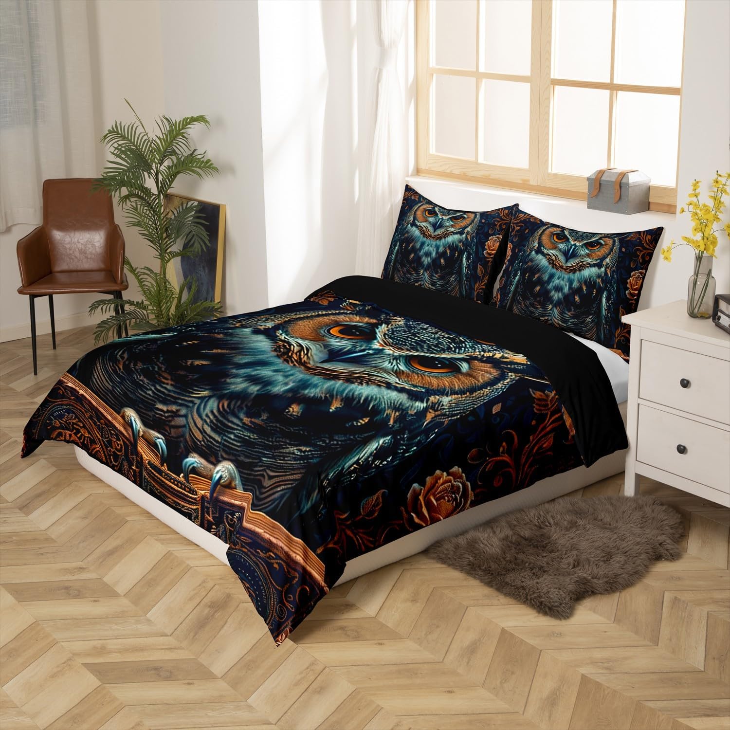 Castle Fairy Retro Owl Duvet Cover Set Toddler Size,Boho Mystic Animal Owl Print Reversible Quilt Cover for Kids Boys Girls Rustic Golden Floral Moon Bedding Set with 1 Pillowcase,No Comforter