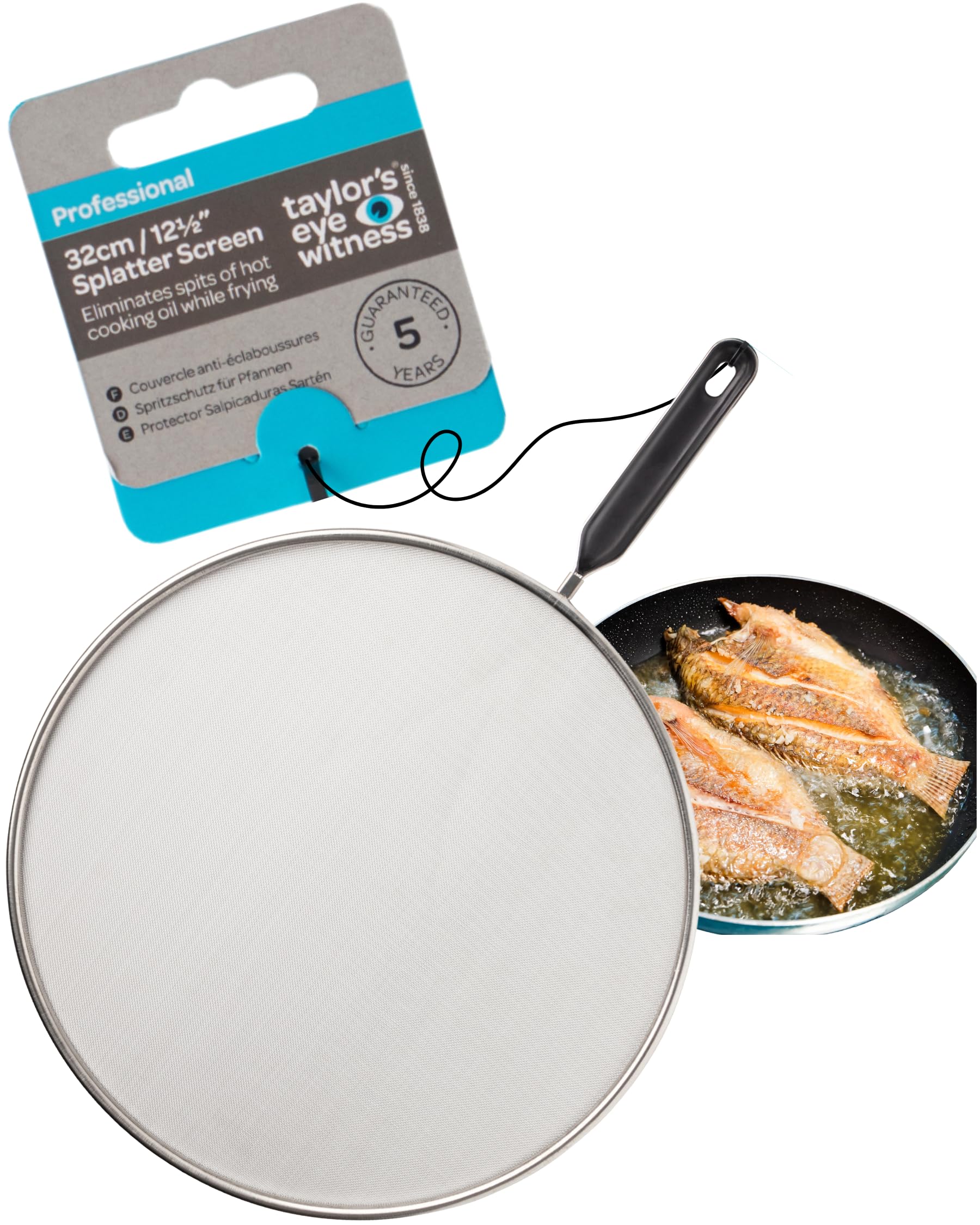 Stainless Steel Splatter Guard – 32cm Fine Mesh Frying Pan Protector With Comfortable Plastic Handle. Easy Clean, Dishwasher Safe, Durable Anti-Splash Shield For Cooking, Frying, Boiling, Steaming