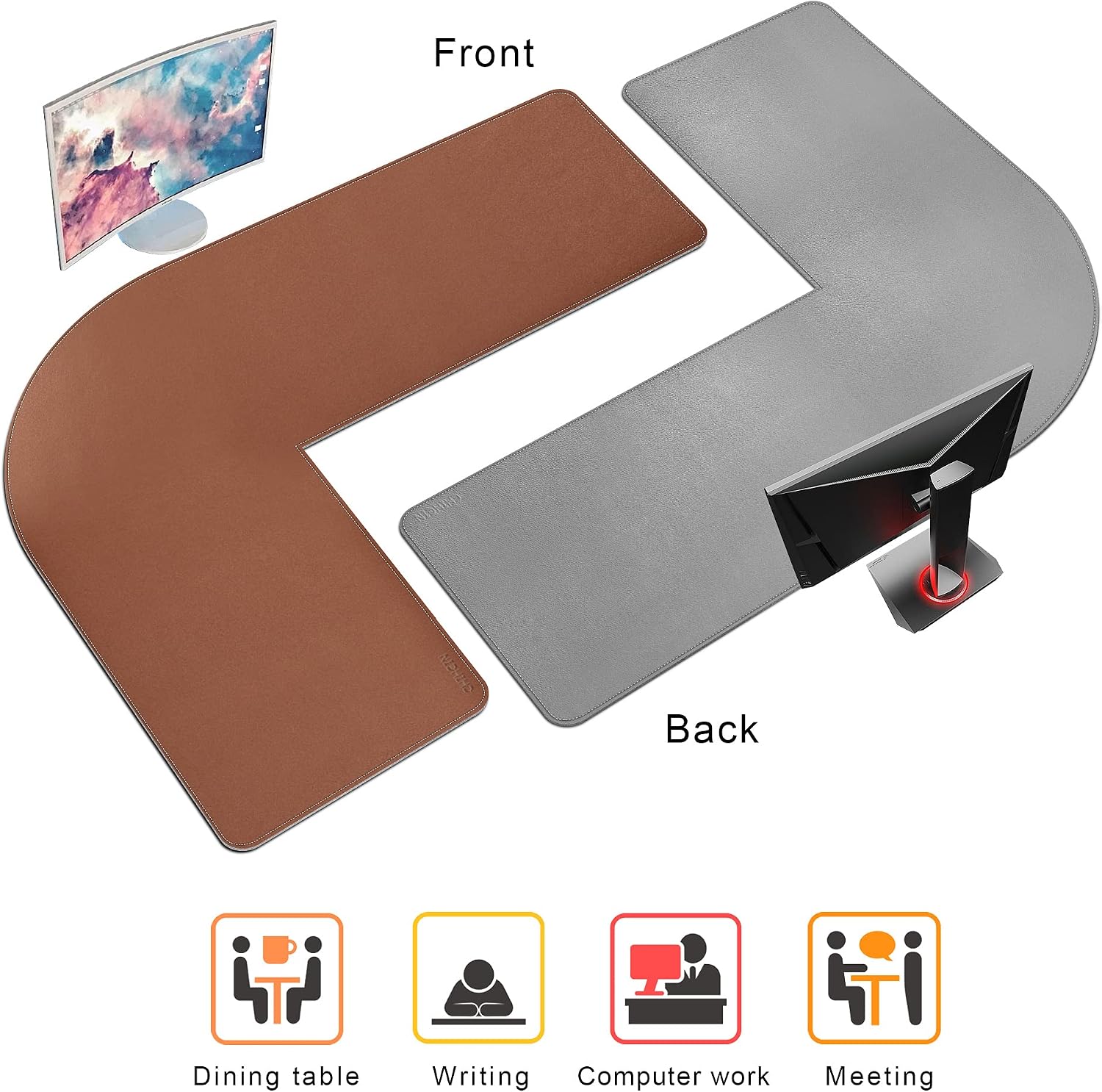 Chihein L-Shaped PU Leather Desk Pad (45.3” + 57.1”) x 15.7” (Brown/Gray) image 5