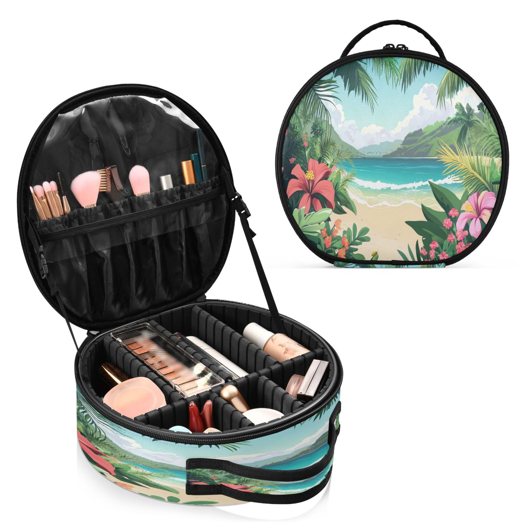 Takiito Exotic Beach Flowers Plants Travel Makeup Case Portable Makeup Box Artist Cosmetic Case Organizer With Adjustable Dividers