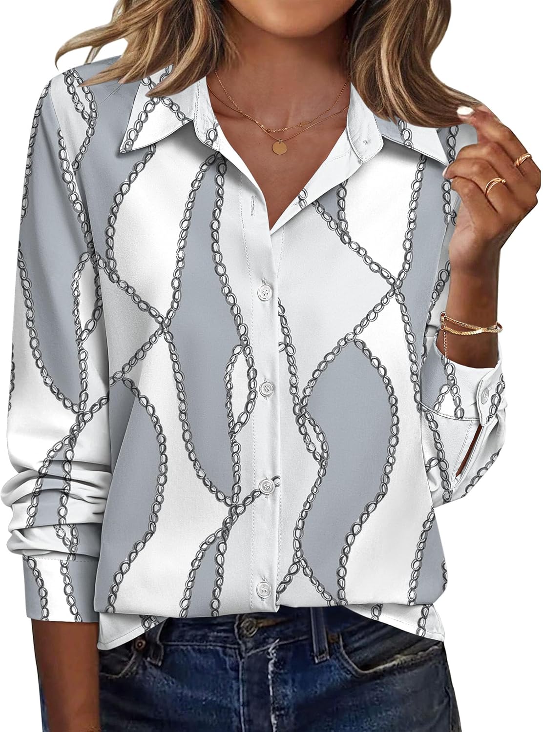 Zeagoo Blouse for Women Dressy Long Sleeve Button Down Shirts Business Casual Outfit Lightweight Solid/Printed Tops - Image 2