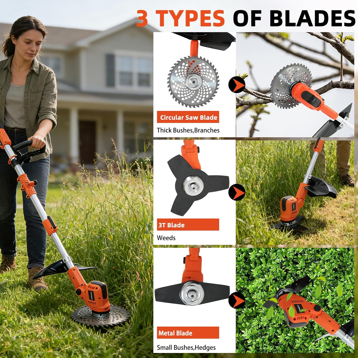 3-in-1 Electric Weed Wacker, Battery Powered Weed Eater with 2 x 4.0Ah Batteries, 900W Brushless Motor Grass Trimmer/Lawn Mower/Brush Cutter, with LCD Display & 3 Types Blades for Yard and Garden