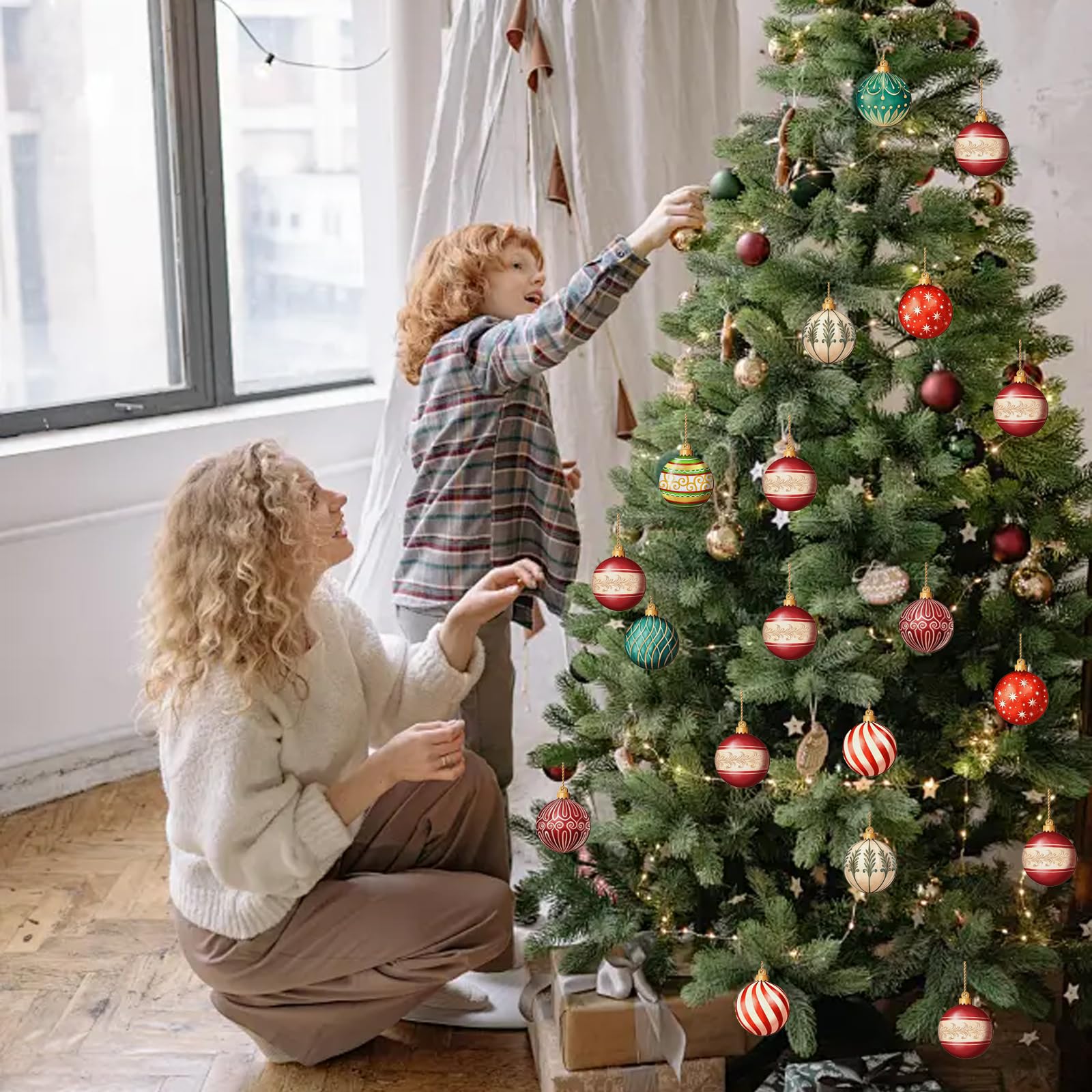 24 Piezas Adornos Arbol Navidad Bola de Madera, Set de Decoracion Arbol de Navidad con SOGA, Adornos Navidad Arbol Apto para Colgar, Christmas Tree Decorations para Niños y Adultos