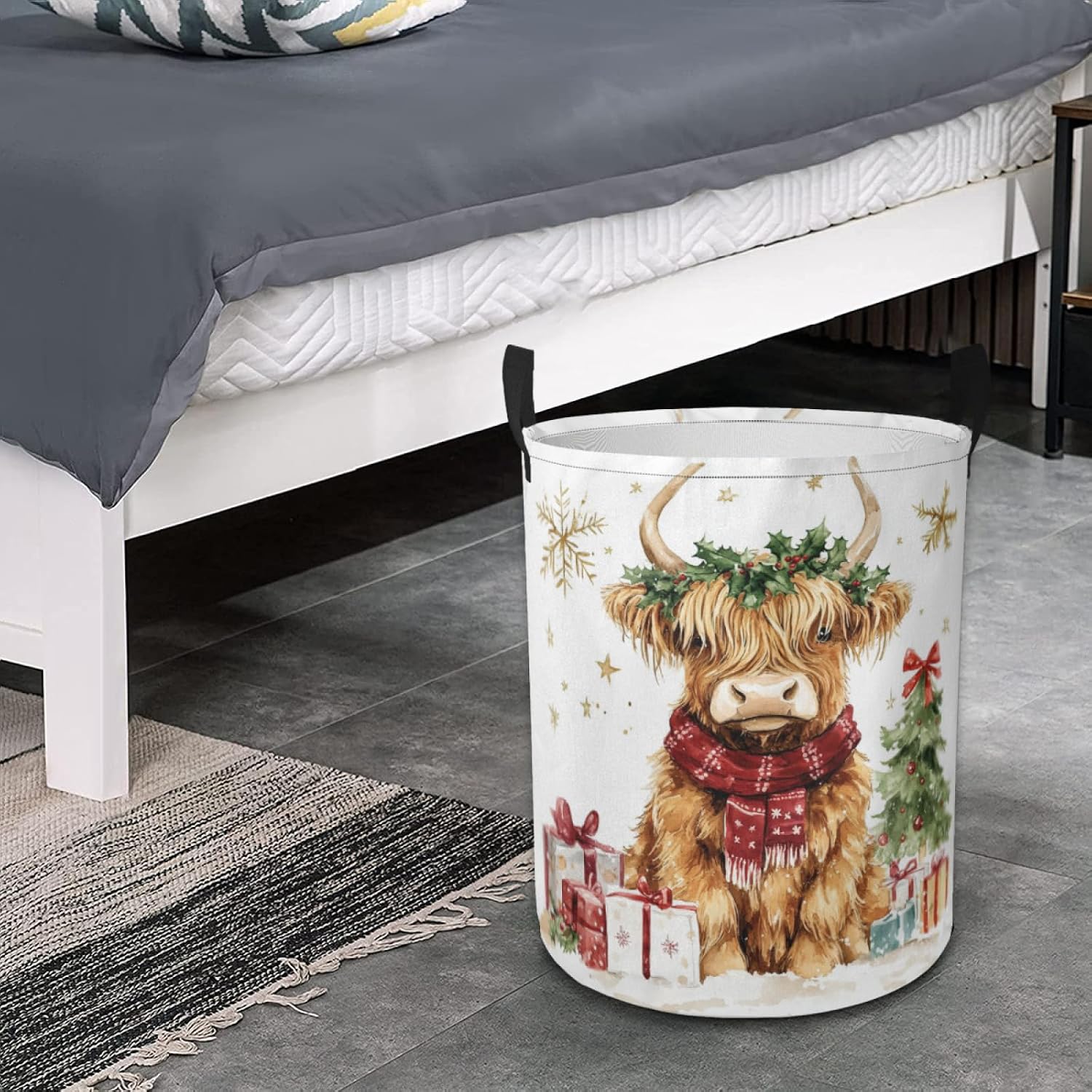 Christmas Highland Cow Laundry Basket Cute Animal Foldable Laundry Hamper with Handles Clothes Storage Bin for Household Bedroom Bathroom Dorms 17.3"x13.6"