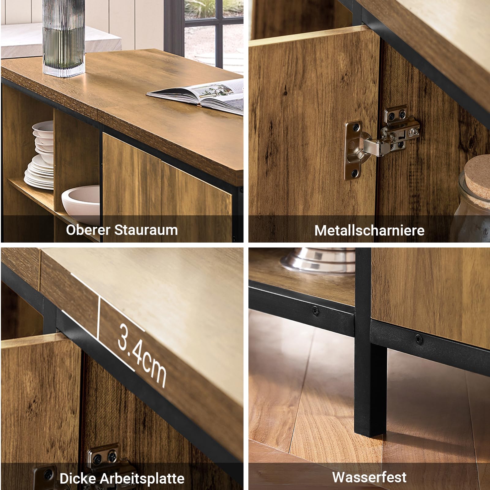SoBuy Freistehende Kücheninsel & Küchenschrank Multifunktionale Küchenaufbewahrungseinheit, Sideboard, Buffet im Industrie-Design, Vitrinenschrank für Küche und Wohnzimmer 170x89x60 cm KNL01-F