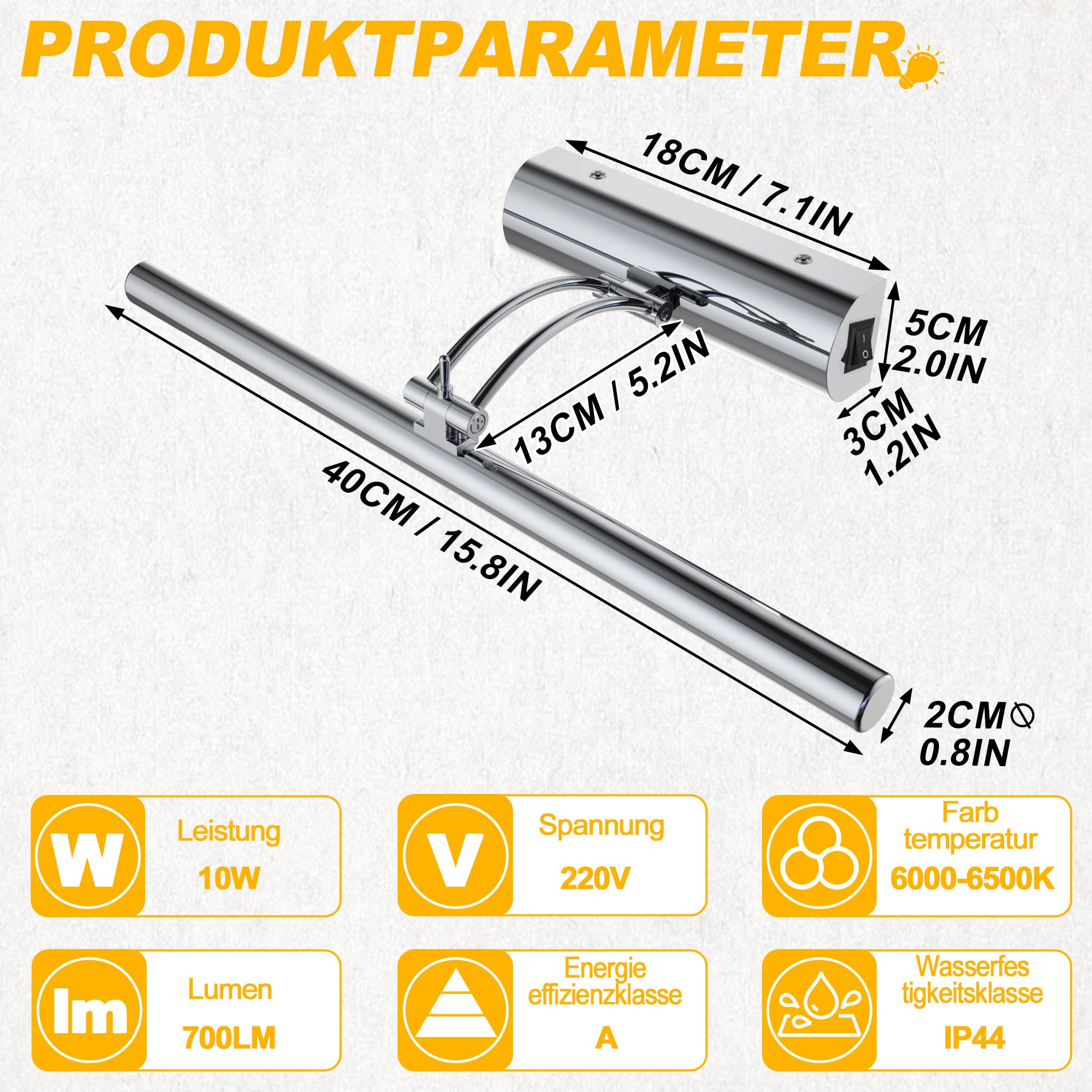 UISEBRT 10W 40cm Lámpara LED para espejo de baño, tubo fluorescente ajustable 180°, base con interruptor, plata Lámpara de baño para iluminación de pared y espejo, tipo C luz blanca fría