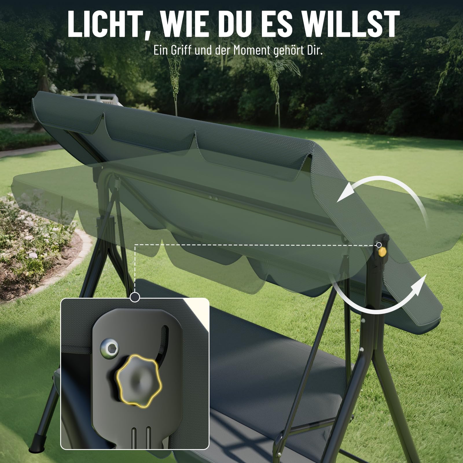 Soontrans Dondolo Hollywood a 3 posti, tempo della famiglia con facilità, altalena da giardino con tettuccio parasole e telaio e cuscino imbottito, portata fino a 200 kg, in acciaio (193 x 110 x 152