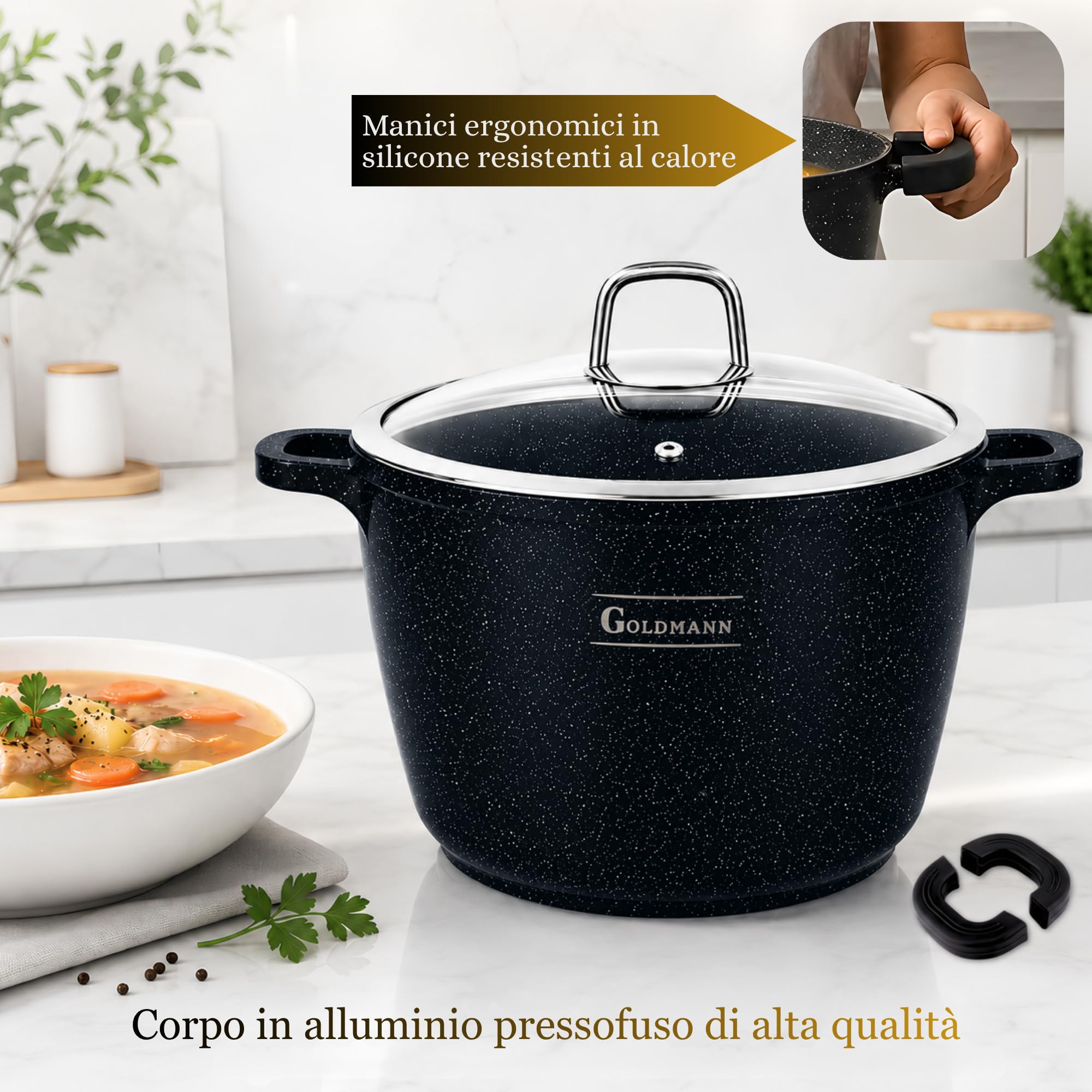 GOLDMANN pentola alluminio pressofuso da 28 cm e 10 L con rivestimento antiaderente in ceramica effetto marmo, coperchio in vetro, adatta a piani cottura a induzione e forno, senza PFOA.