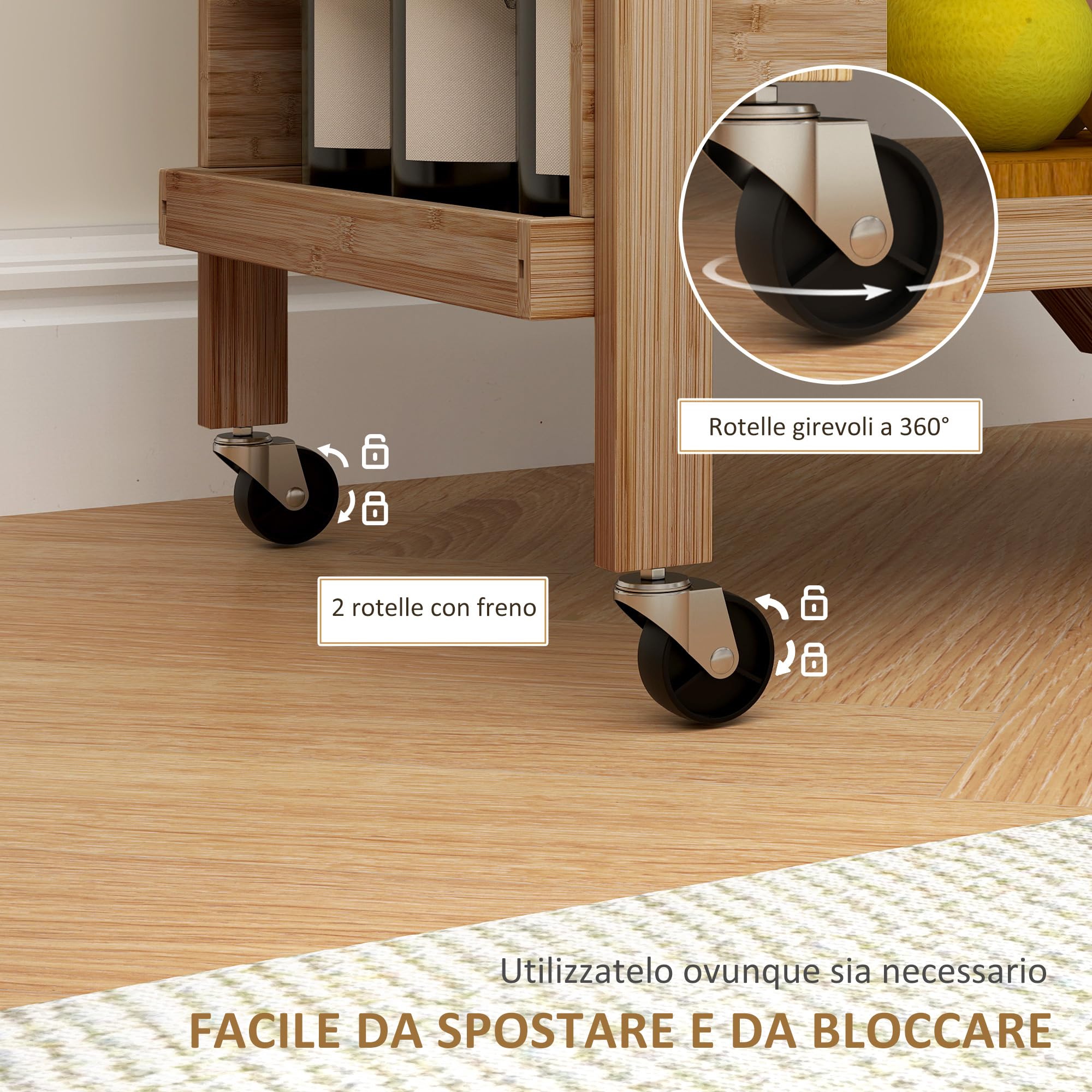 HOMCOM Carrello da Cucina a 2 Livelli Pieghevole con Ruote, Carrello Portavivande da Portata con Portabottiglie in Legno di Bambù a Doghe, 66x40x70 cm, Naturale