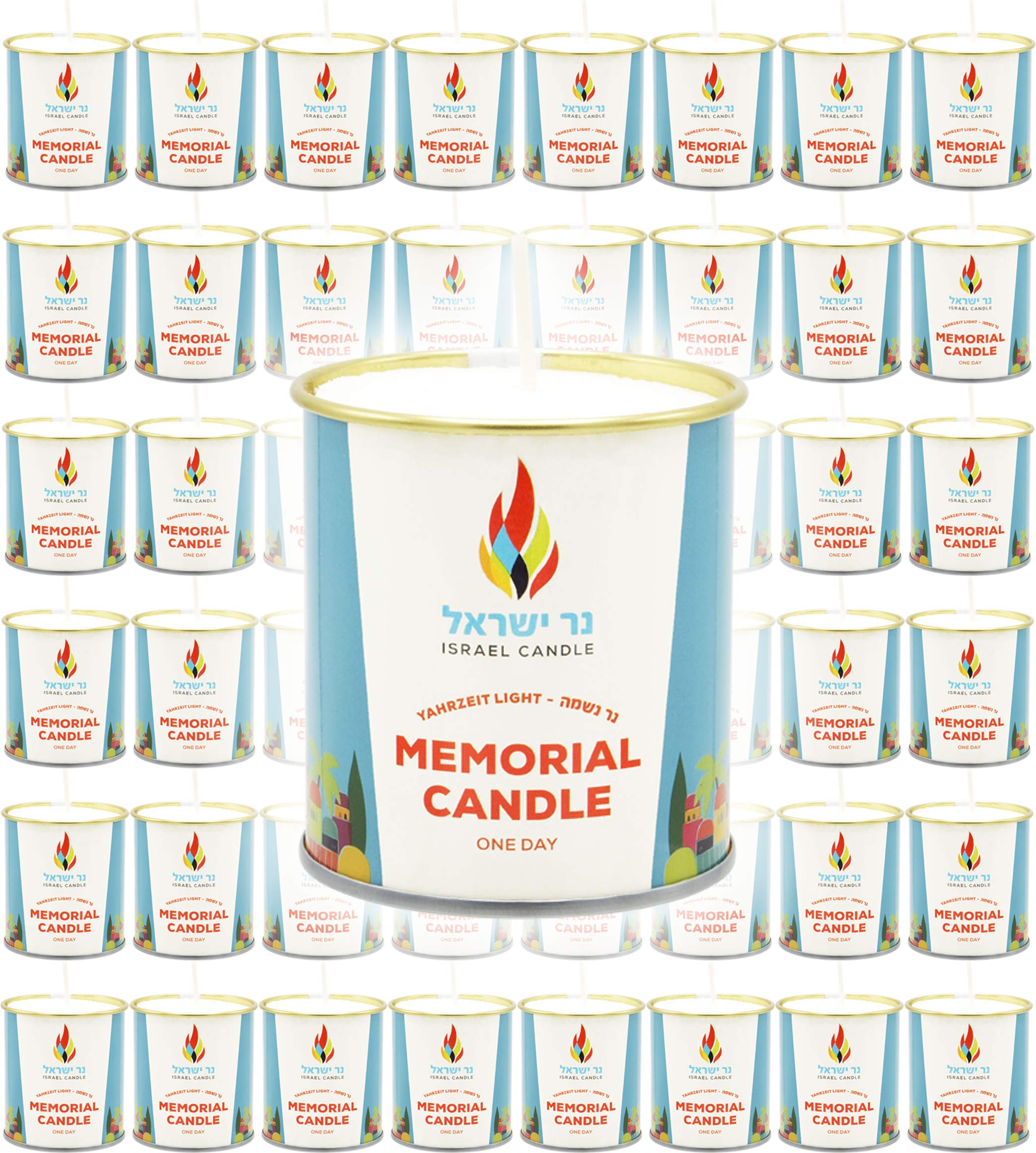 Bougie commémorative Yahrzeit pour deuil et mémoire en boîte étain, 48 pièces