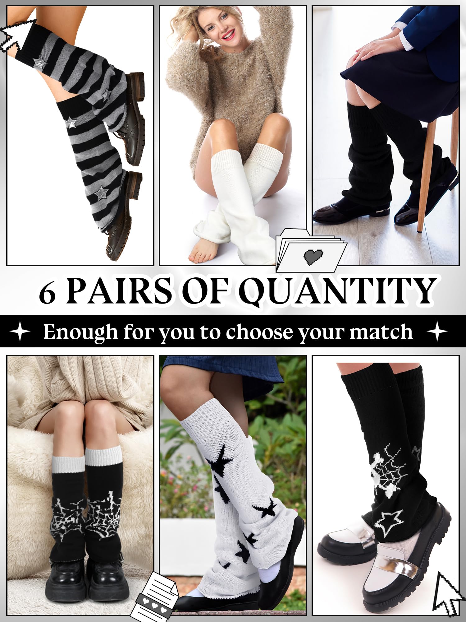 Geyoga 6 Pairs Y2k Accessories Harajuku Winter Leg Warmers Girls Gyaru Japan Kawaii Leg Warmers Goth Lolita Knit Boot Socks: Spider Web