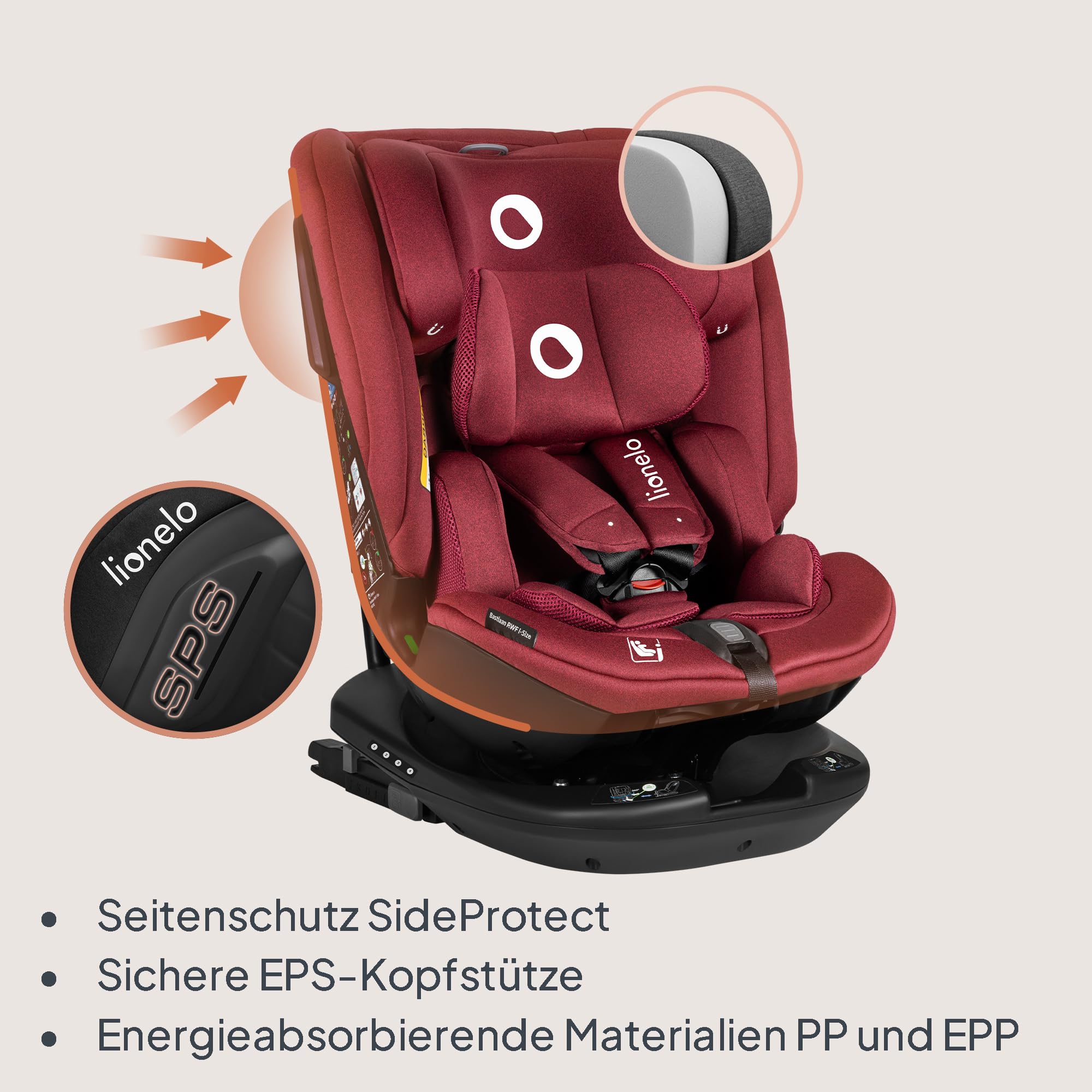Lionelo Bastiaan RWF Baby- und Kleinkindautositz 0-36 kg von 40–150 cm | 360° drehbar ISOFIX-zertifiziert i-Size R129 neuester Standard, Befestigung vorne und hinten, Seitenschutz, voll verstellbar