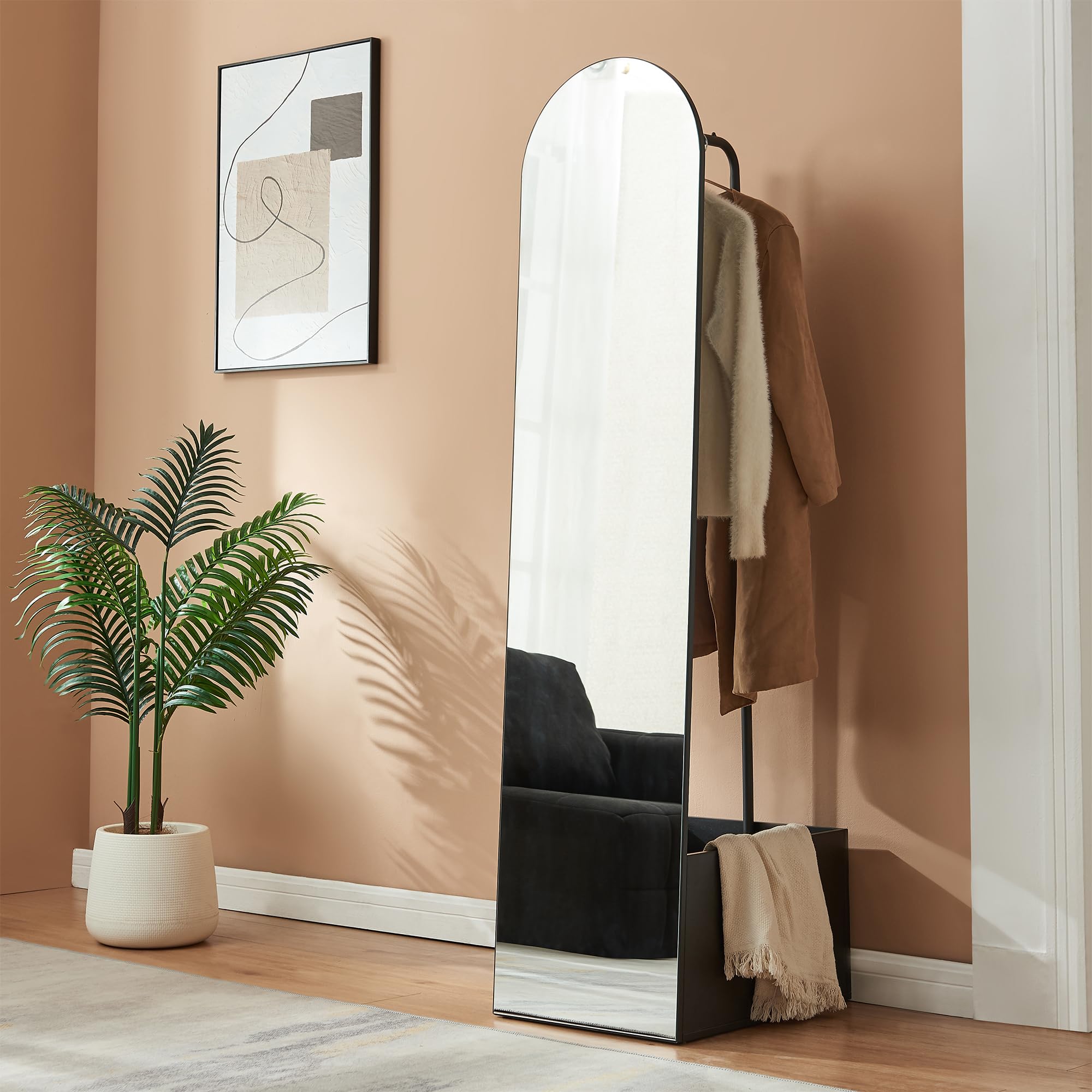 [en.casa] Espejo de Pie con Perchero Kuonta Mueble de Salón y Espejo Arqueado de Cuerpo Entero 2 en 1 con Compartimento y Barra para Colgar Dormitorio Vestidor Entrada Metal 165 x 40 x 51 cm - Negro