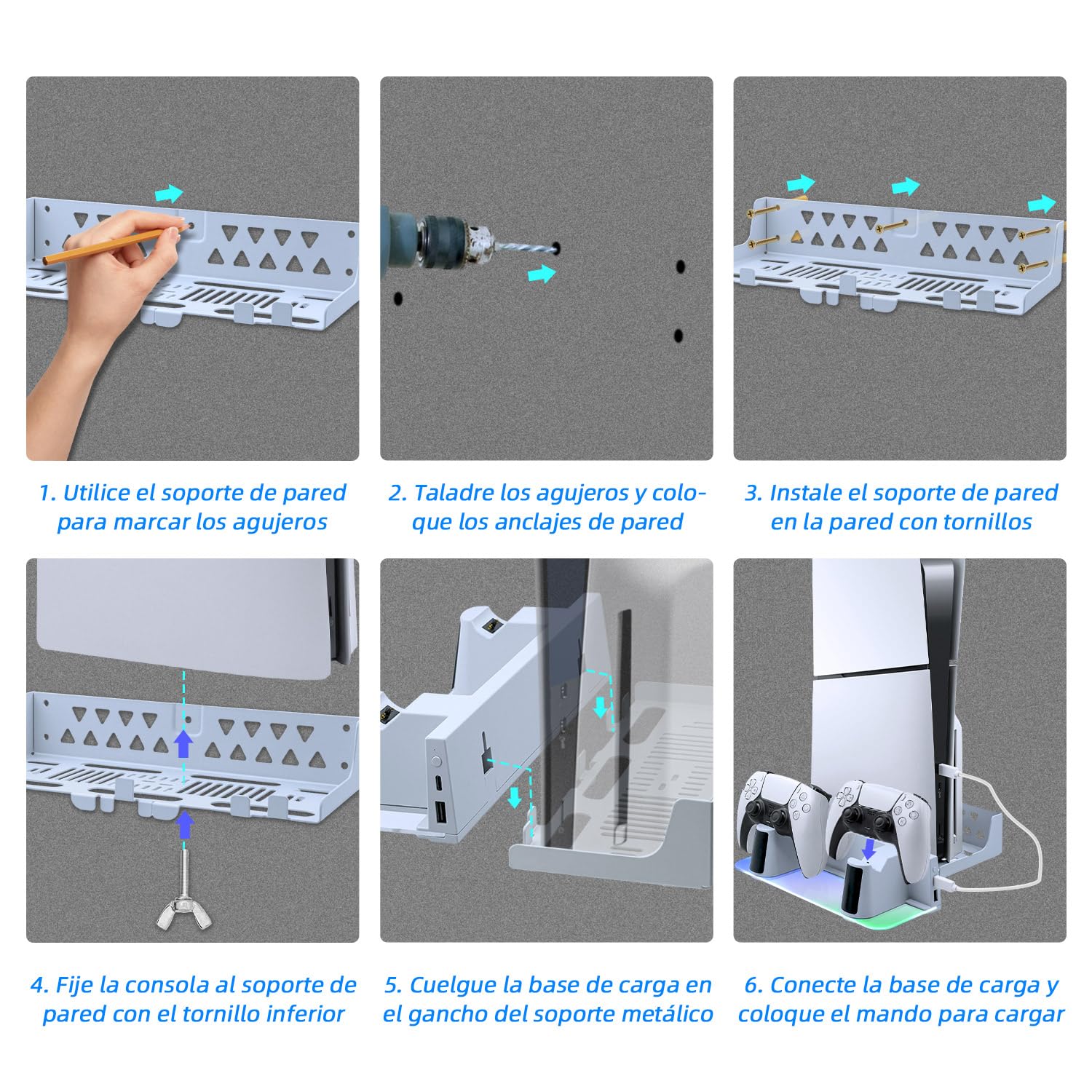 Mcbazel Soporte de pared RGB para consola de juegos PS5 Slim/PS5 Pro/PS5 Estación de Carga Dual para Controladores Montada en la Pared con LED para Playstation 5/PS5 Slim Digital/Disc/PS5 Pro - Blanco
