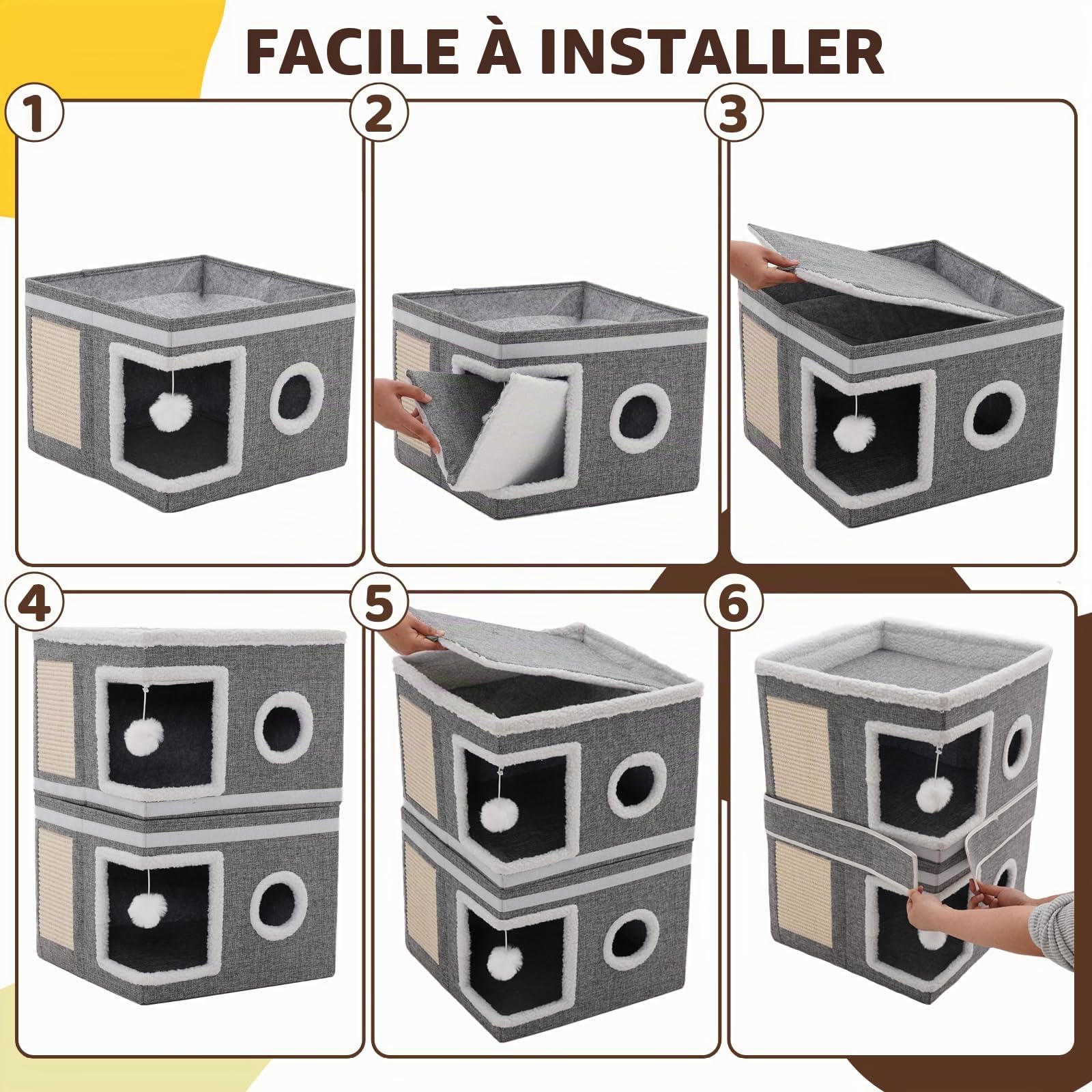 Maison pour Chat Pliable d'intérieur avec griffoir, Balle de Jeu, Niche pour Plusieurs Chats, Cube pour Chat, Maison Cube à Trois étages, lit pour Chat, 40x40x63 cm, Grise