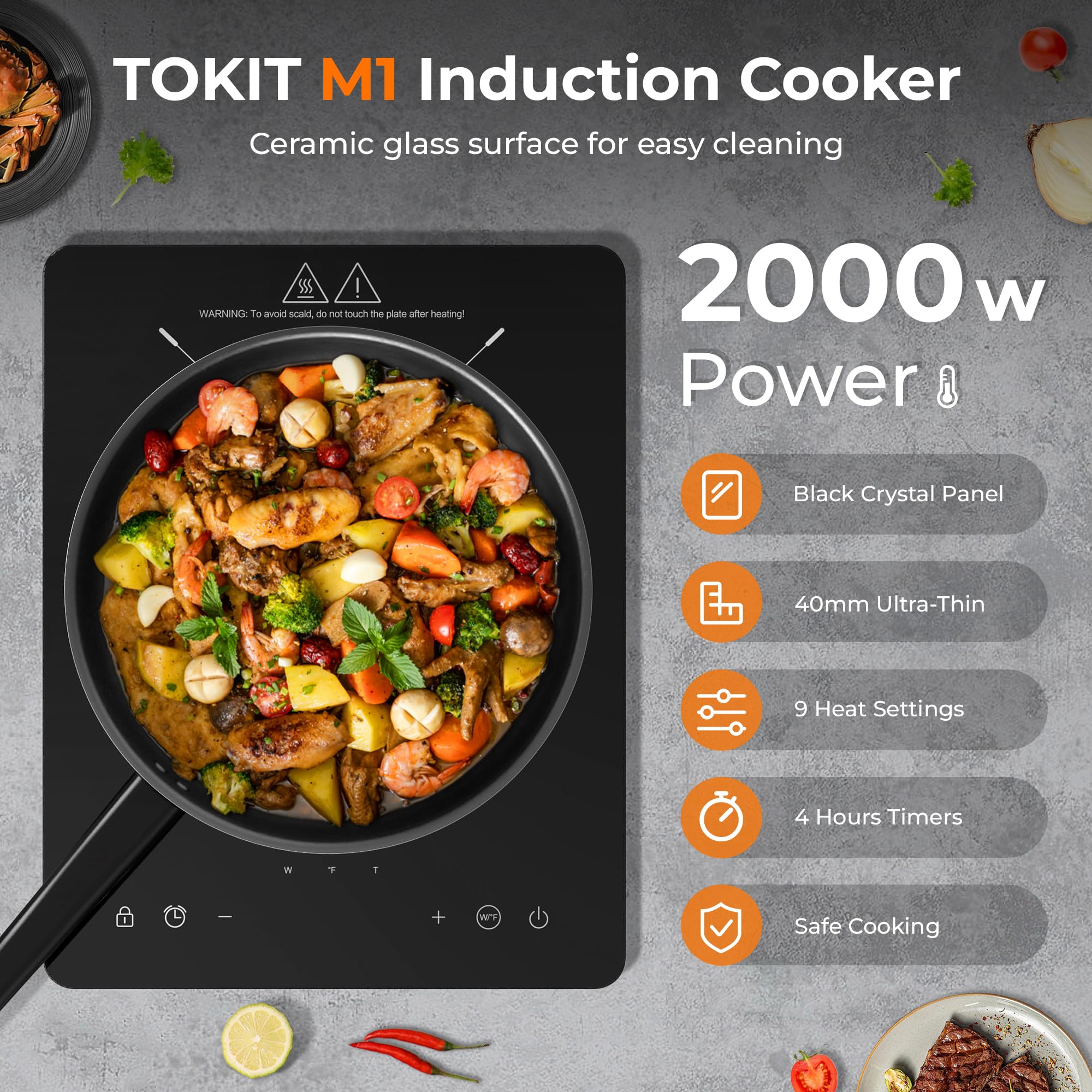 TOKIT Plaque de Cuisson Induction 2000 W, Plaque À Induction M1 Avec 9 Niveaux De Puissance Individuels, Ecran Tactile, Minuterie 90 Minutes, Ultra-Fine 40 Mm, Noire Pour Cuisine (M1)