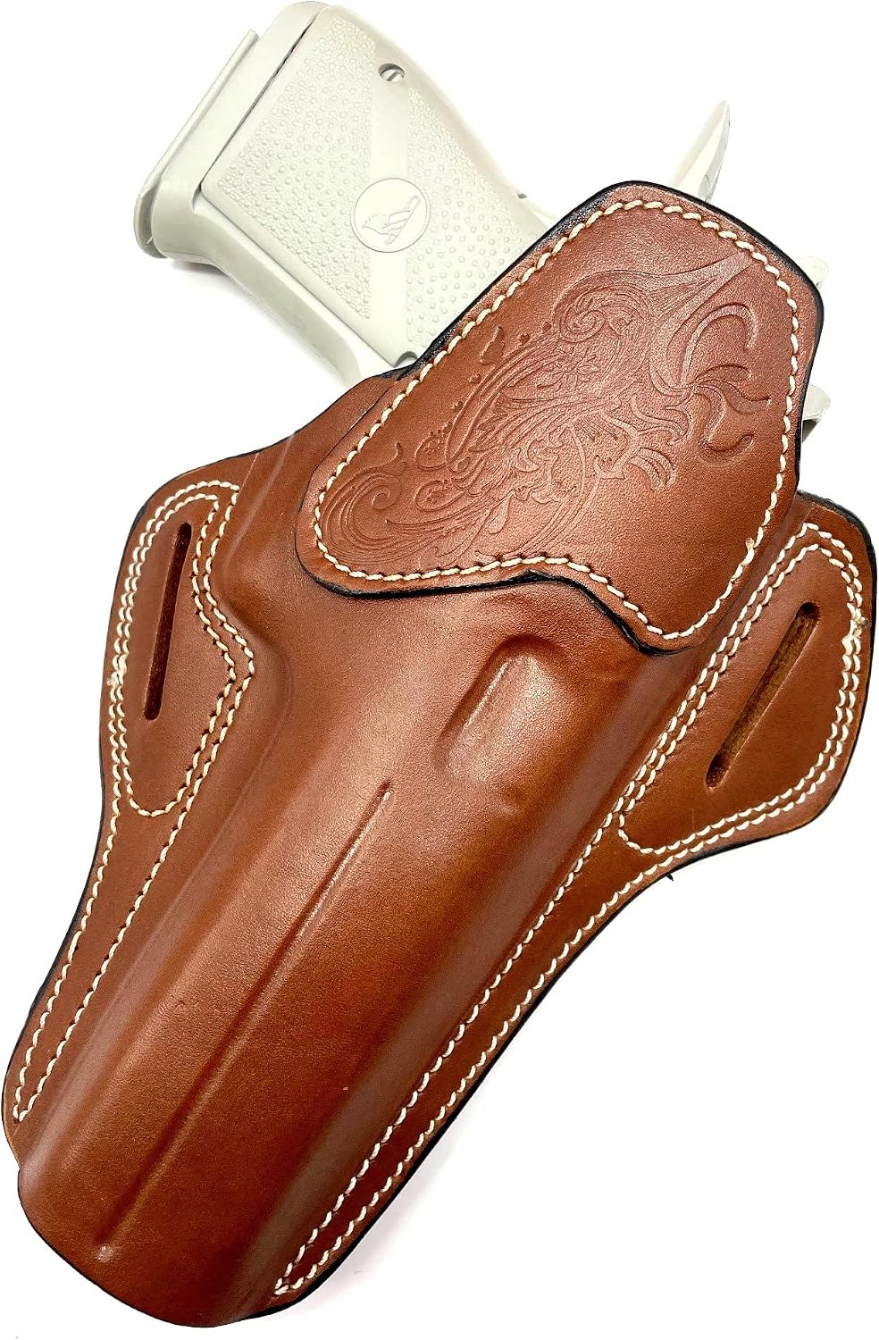 CEBECI ARMS Right Hand Brown Leather Open Top Belt Holster with Tooled Western Floral Design for 6" Desert Eagle 50AE (One Rail or No Rail)