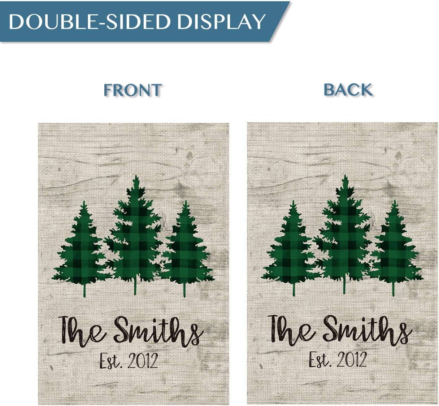 Smile Personalized Christmas Trees House Flag, Green Buffalo Customized Family Name and Established Year, Double Sided 28 x 40 Inch Rustic Farmhouse Burlap Yard Outdoor Decoration