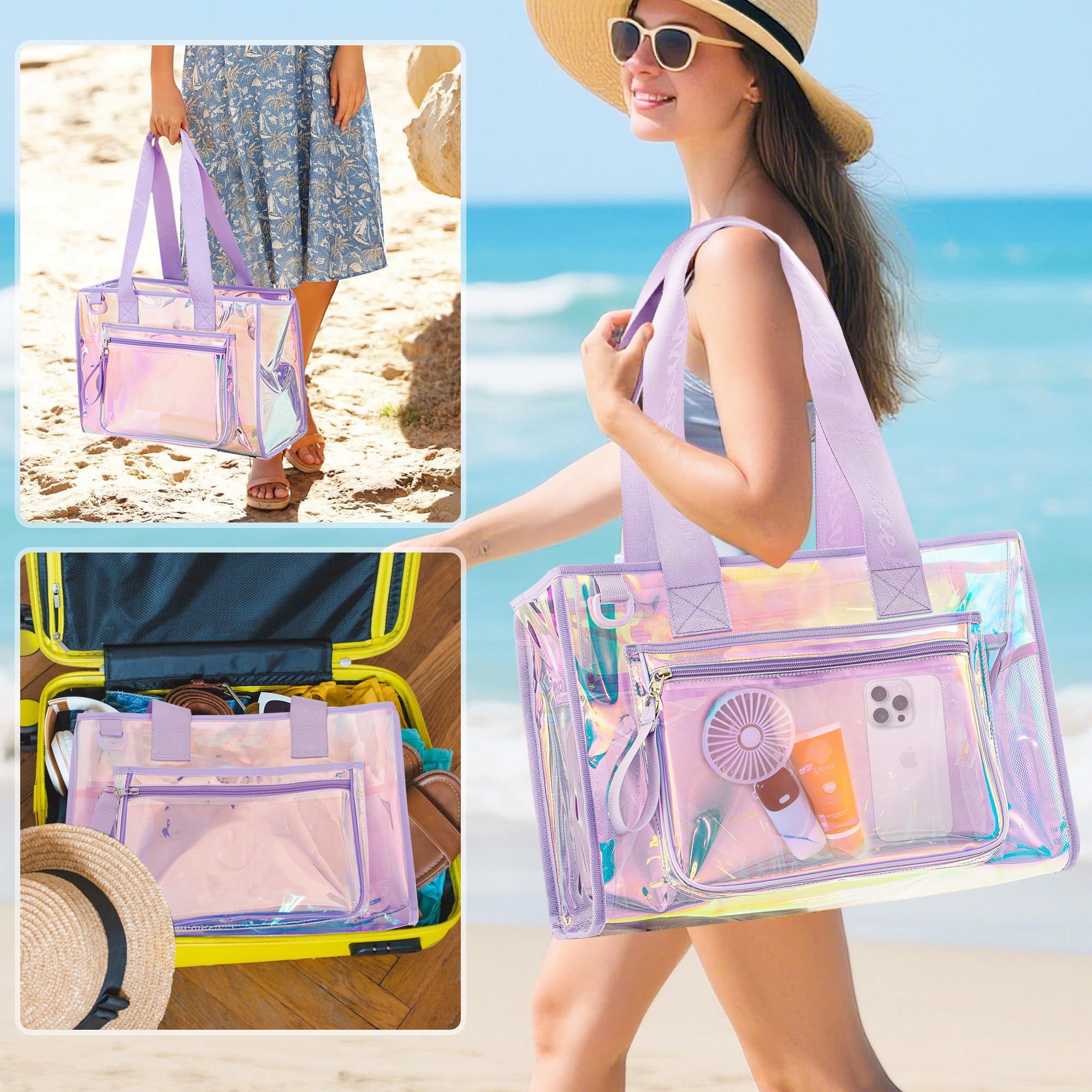 Yarwo Grand Sac de Plage Iridescent avec Poche Téléphone, Transparent | Avec Fini Irisé, Poche Devant pour Téléphone, Poches Intérieures et Grand Format Léger pour Plage, Piscine et Yoga