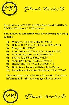 Panda Wireless PAU0C AC1200 Dual Band Wireless-AC USB Adapter - Windows 7/8/10/11/2019/2022, Zorin, MXLinux, Mint, Ubuntu, Fedora, openSUSE, Rocky, Lubuntu, Kali Linux and Raspbian