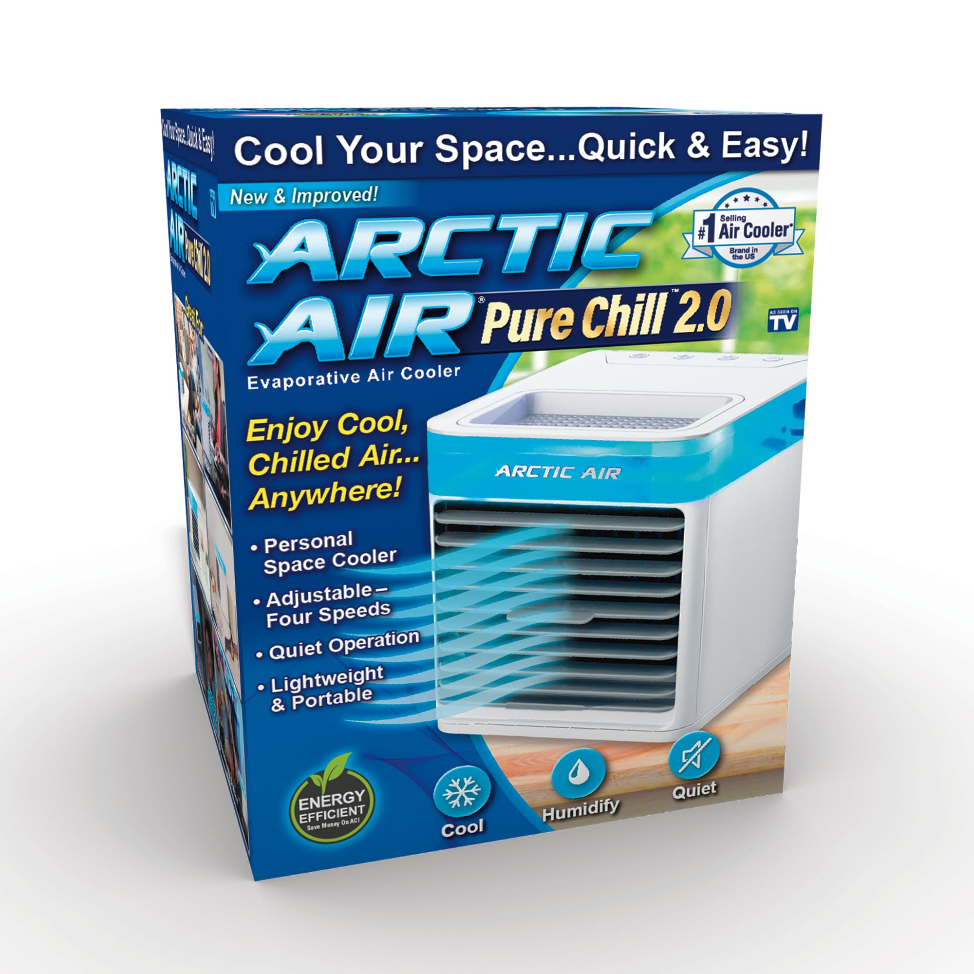 ARCTIC AIR PURE CHILL 2.0 - Przenośny klimatyzator - Odświeża i nawilża powietrze w pomieszczeniu - Cichy i lekki - Idealny do sypialni, biura, salonu... - Chłodzenie hydrauliczne - 7 kolorów LED