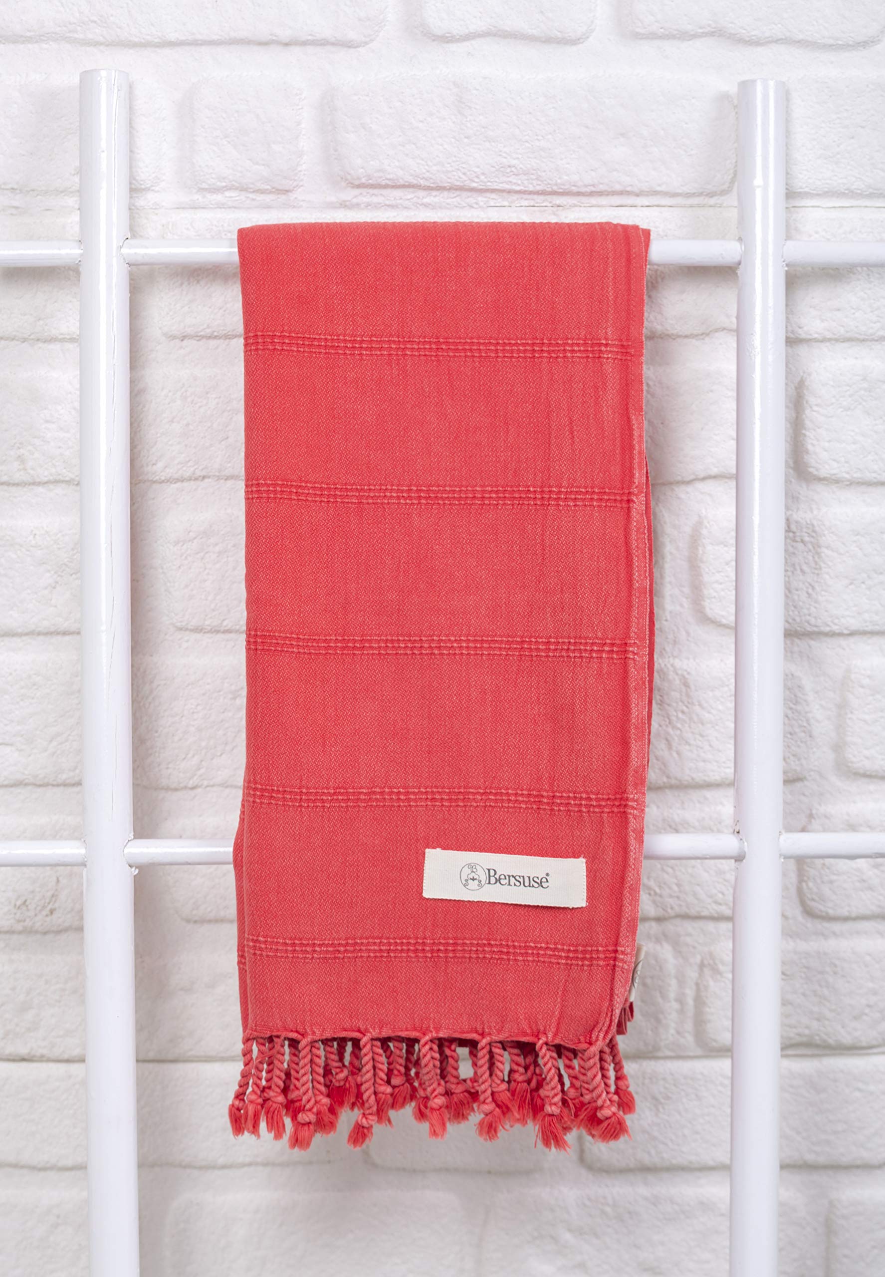 Bersuse 100% Coton - Troy Serviette Turque - Drap de Bain, Serviette de Plage - Fouta Peshtemal - Oeko-TEX - 95x175 cm, Corail