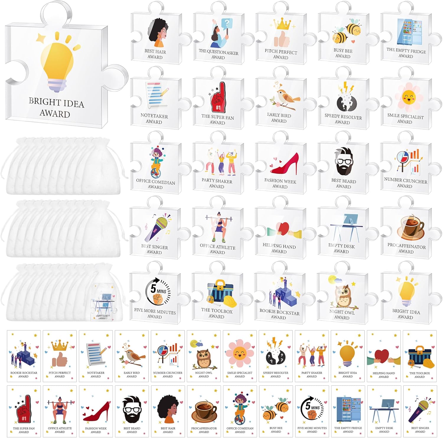 Aodaer 50 Pieces Appreciation Awards Gifts Bulk Acrylic Puzzle Awards Trophies with Cards Organza Bags Funny Appreciation Award Recognition Gifts for Employee Coworker Office Team