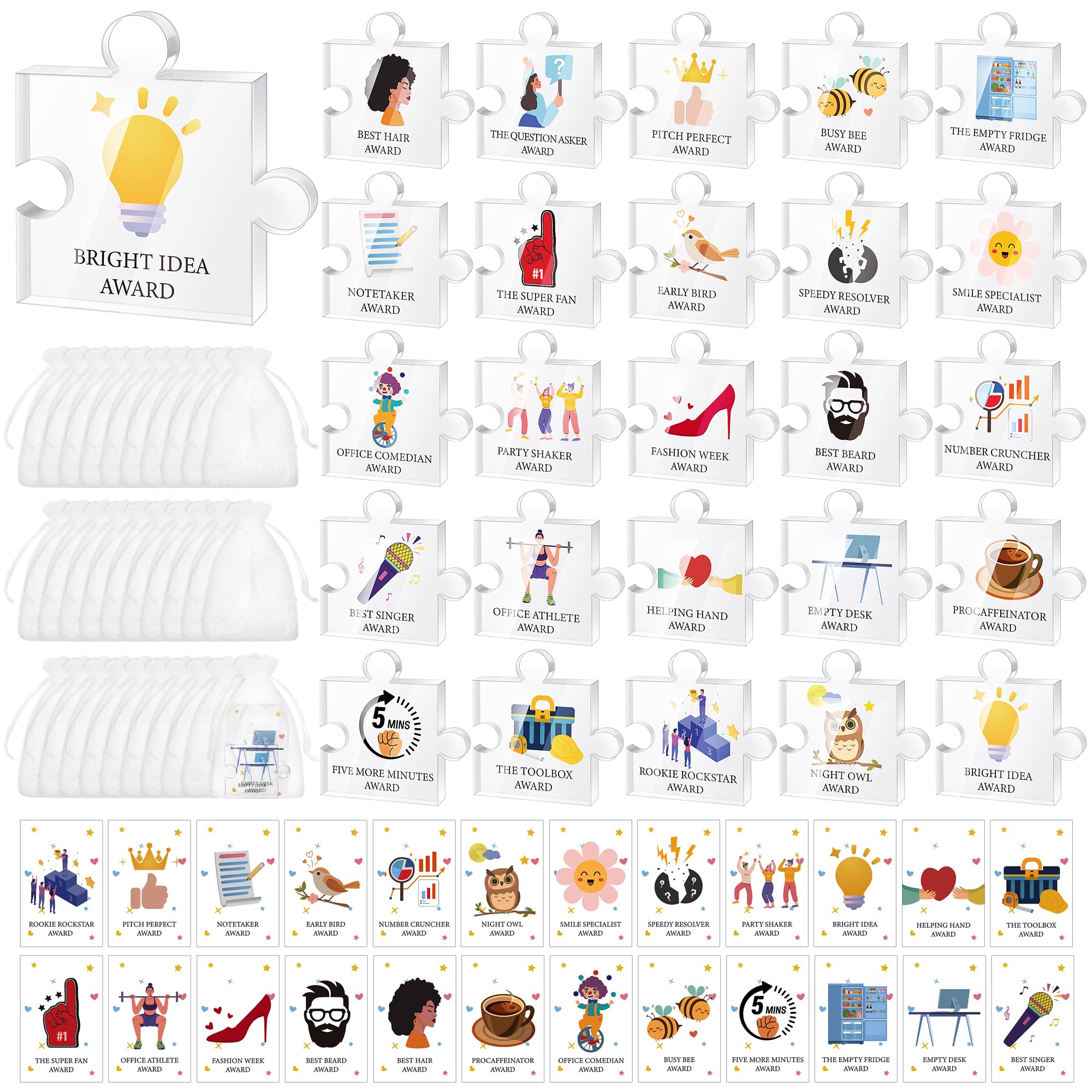 Aodaer 50 Pieces Appreciation Awards Gifts Bulk Acrylic Puzzle Awards Trophies with Cards Organza Bags Funny Appreciation Award Recognition Gifts for