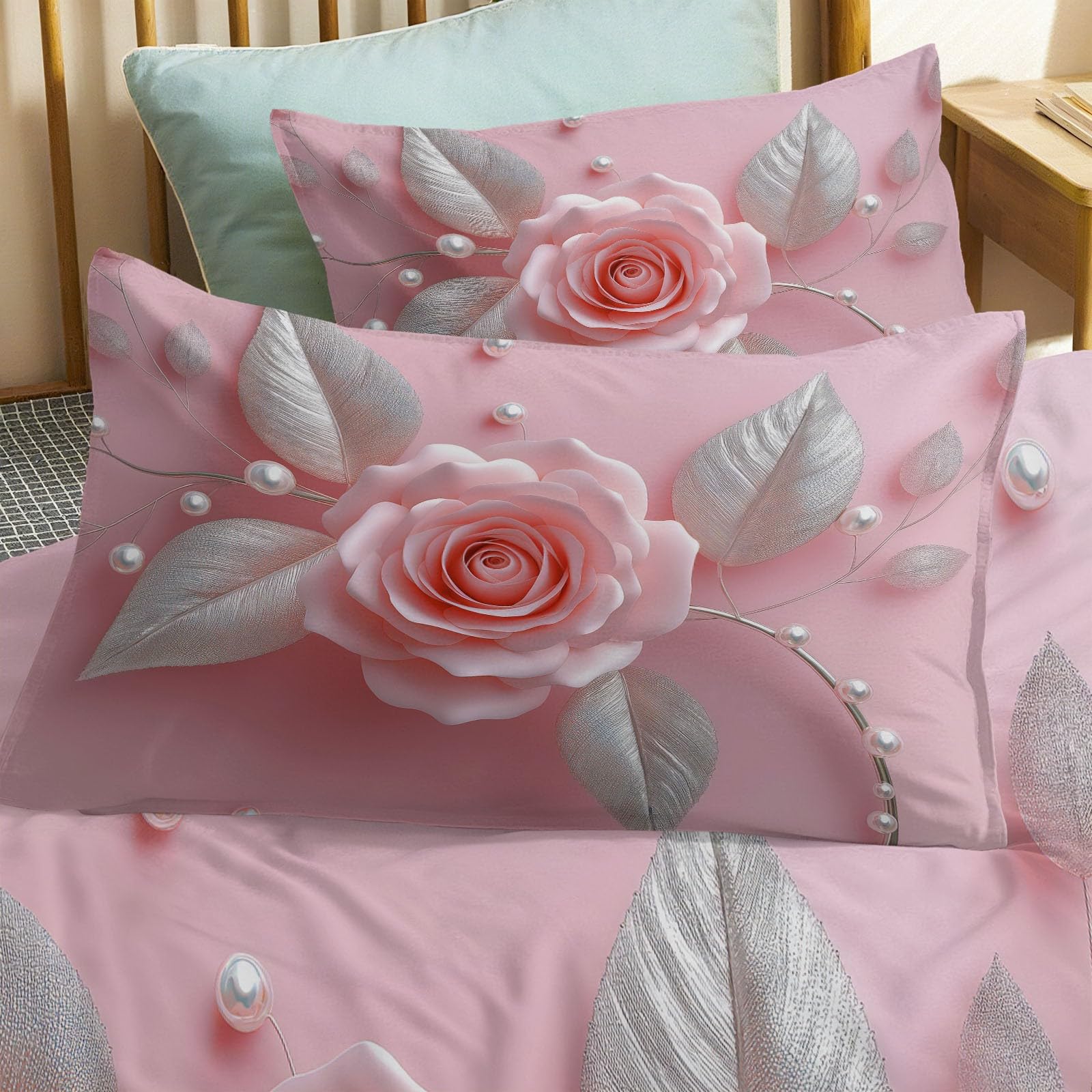 Generisch 3-częściowy komplet pościeli z różowymi perłami, 200 x 220 cm, luksusowy, realistyczny zestaw pościeli z mikrofibry, poszwa na kołdrę + 2 poszewki na poduszkę 80 x 80 cm, przytulna, miękka
