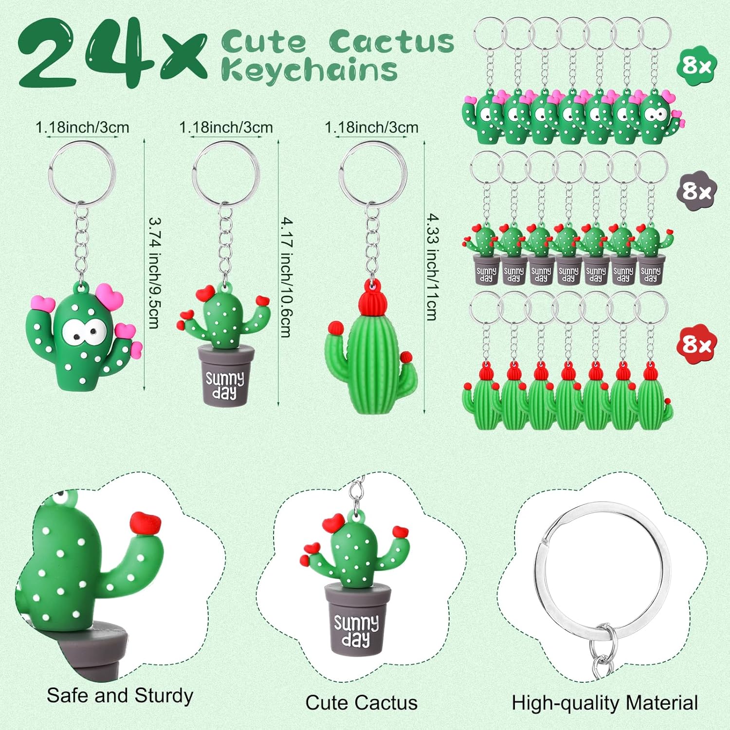Tondiamo 24 Set First Day of School Year Party Favor 24 Cute Cactus Keychains Motivational Keychains with 24 Inspirational Cards 24 Organza Bag for Back to School Gifts for Student Cactus Party Favors