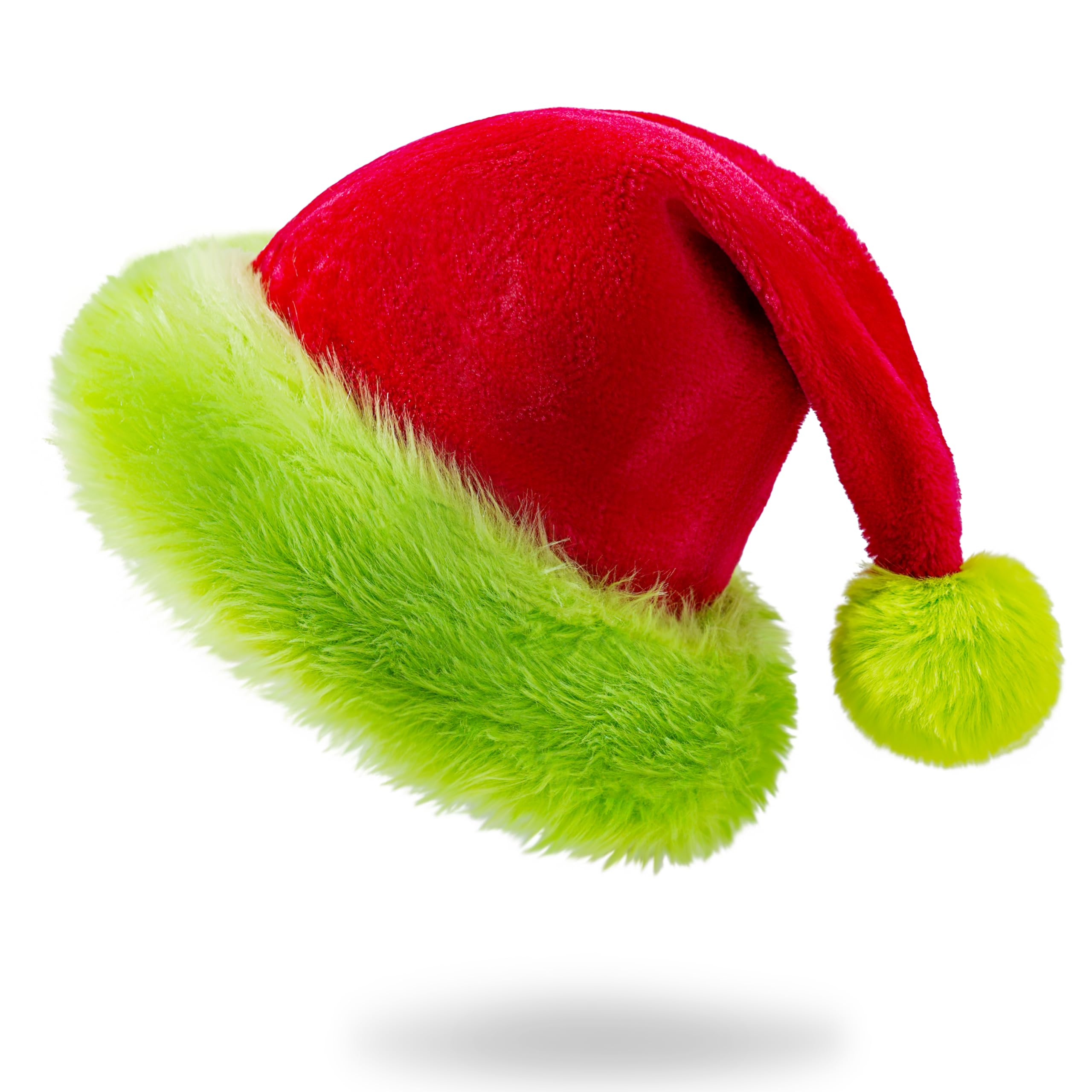 ROSAUI Green Trim Santa Hat for Adults, Red Velvet Christmas Hat with Bright Green Faux Fur
